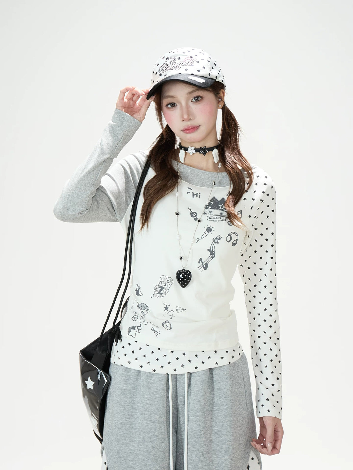 Star Patchwork Layered Long Sleeve Top & Gray Polka-Dot Wide-Leg Pants