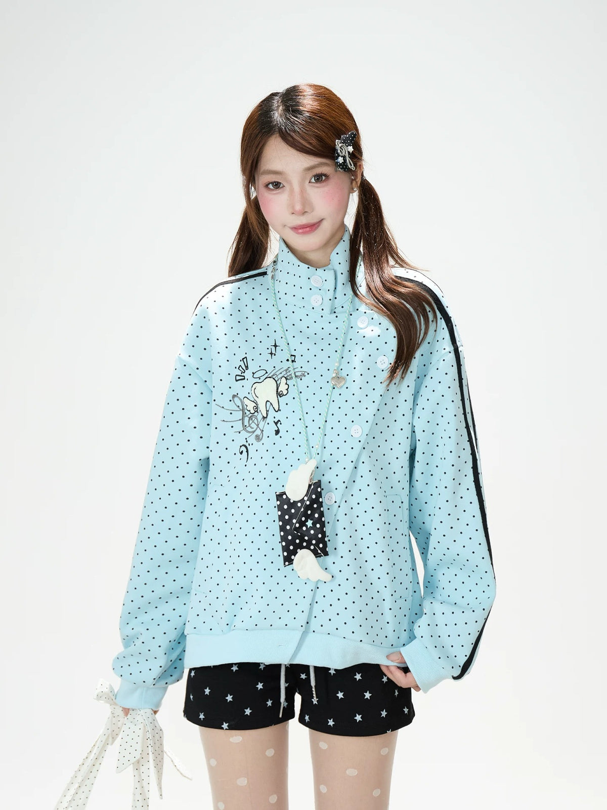 Polka-Dot Stripe Asymmetric Button Jacket & Black Tiered Mini Skirt