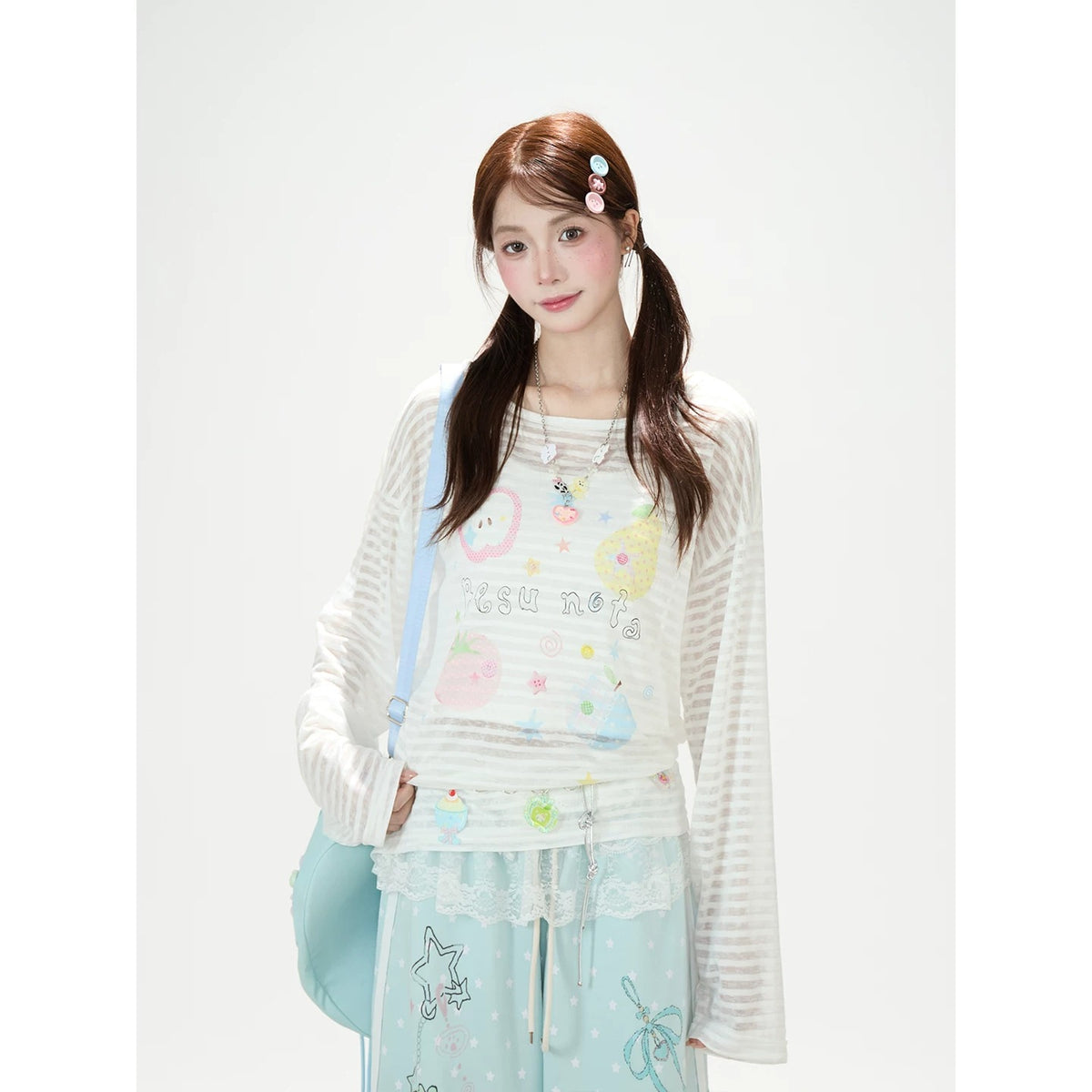 Fruit Doodle Stripe Long Sleeve Top & Polka-Dot Wide-Leg Pants
