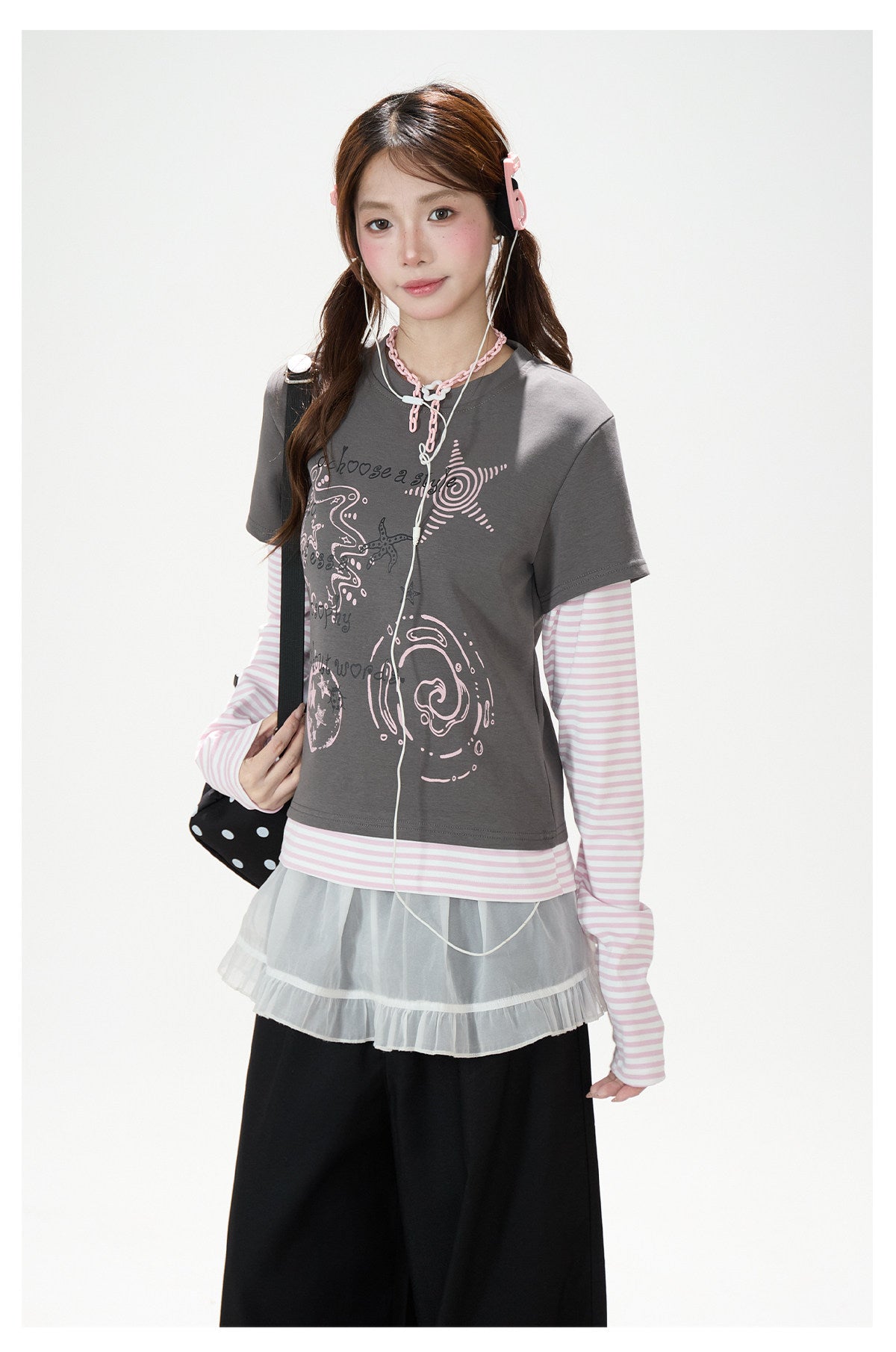 Graffiti Layered Long Sleeve Top & Black Wide-Leg Pants