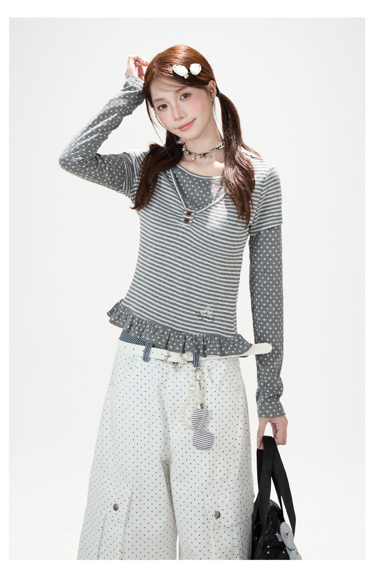 Polka-Dot Stripe Layered Long Sleeve Top & Embroidered Khaki Wide-Leg Cargo Pants