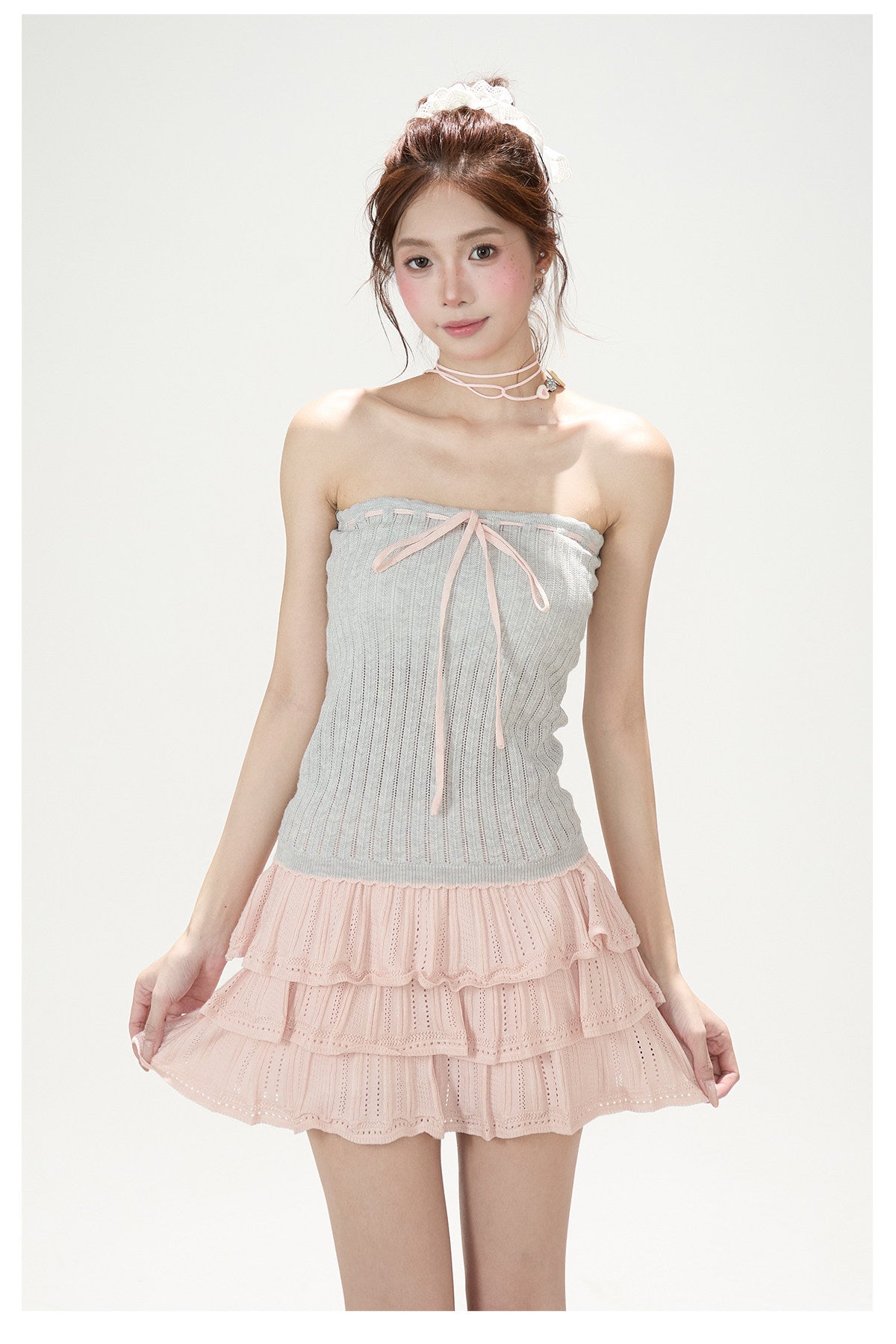 Pointelle Bow Cardigan & Cami Knit Set & Tiered Ruffle Mini Skirt