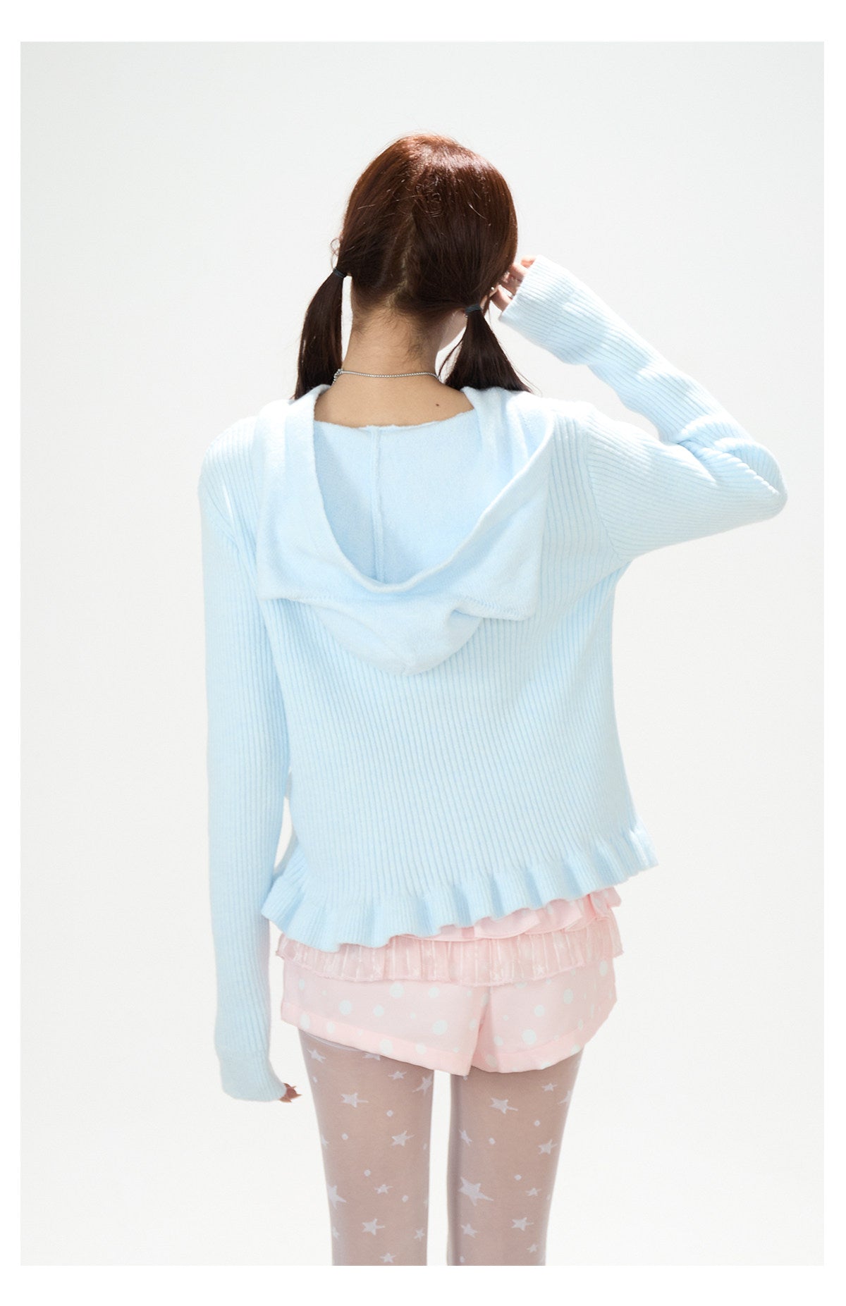 Cat-Ear Hooded Knit Zip Cardigan & Pink Ruffle Shorts