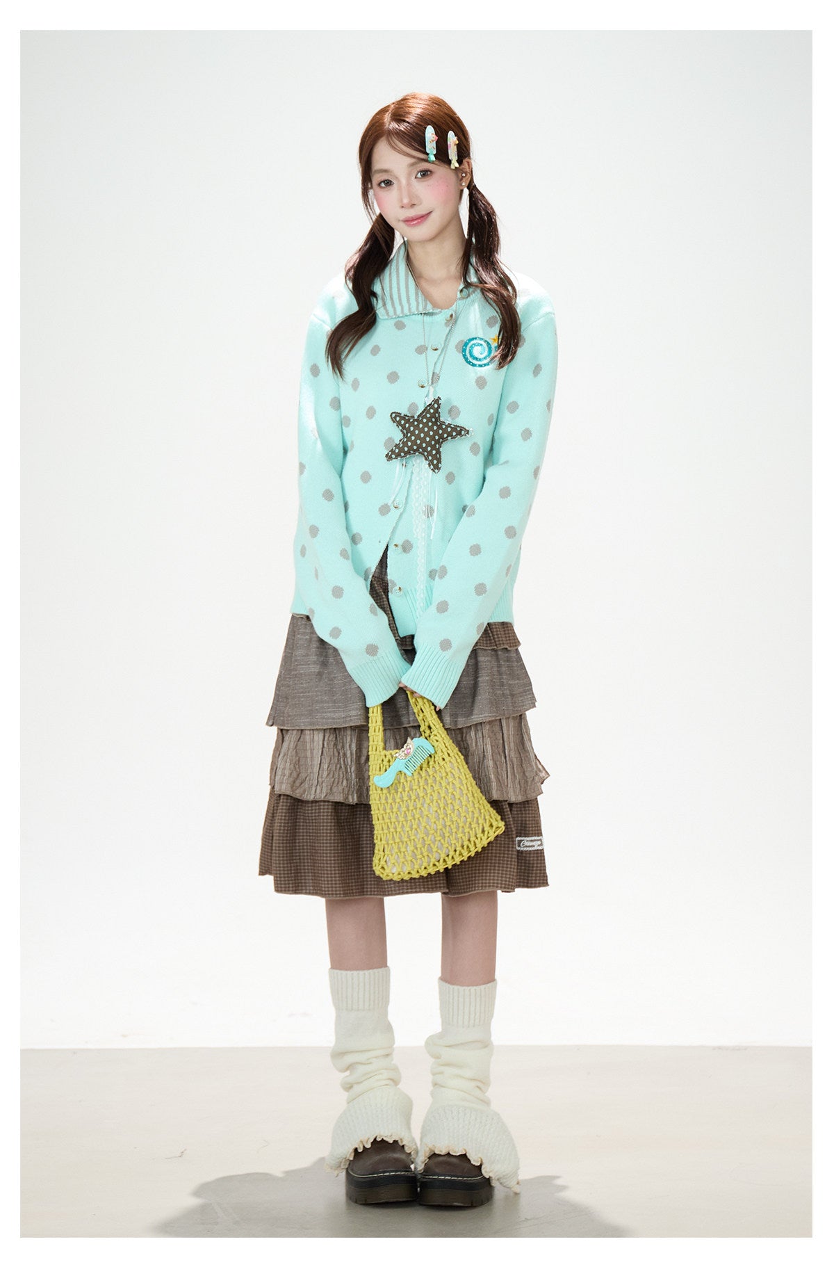 Polka-Dot Asymmetric Knit Cardigan & Tiered Midi Skirt