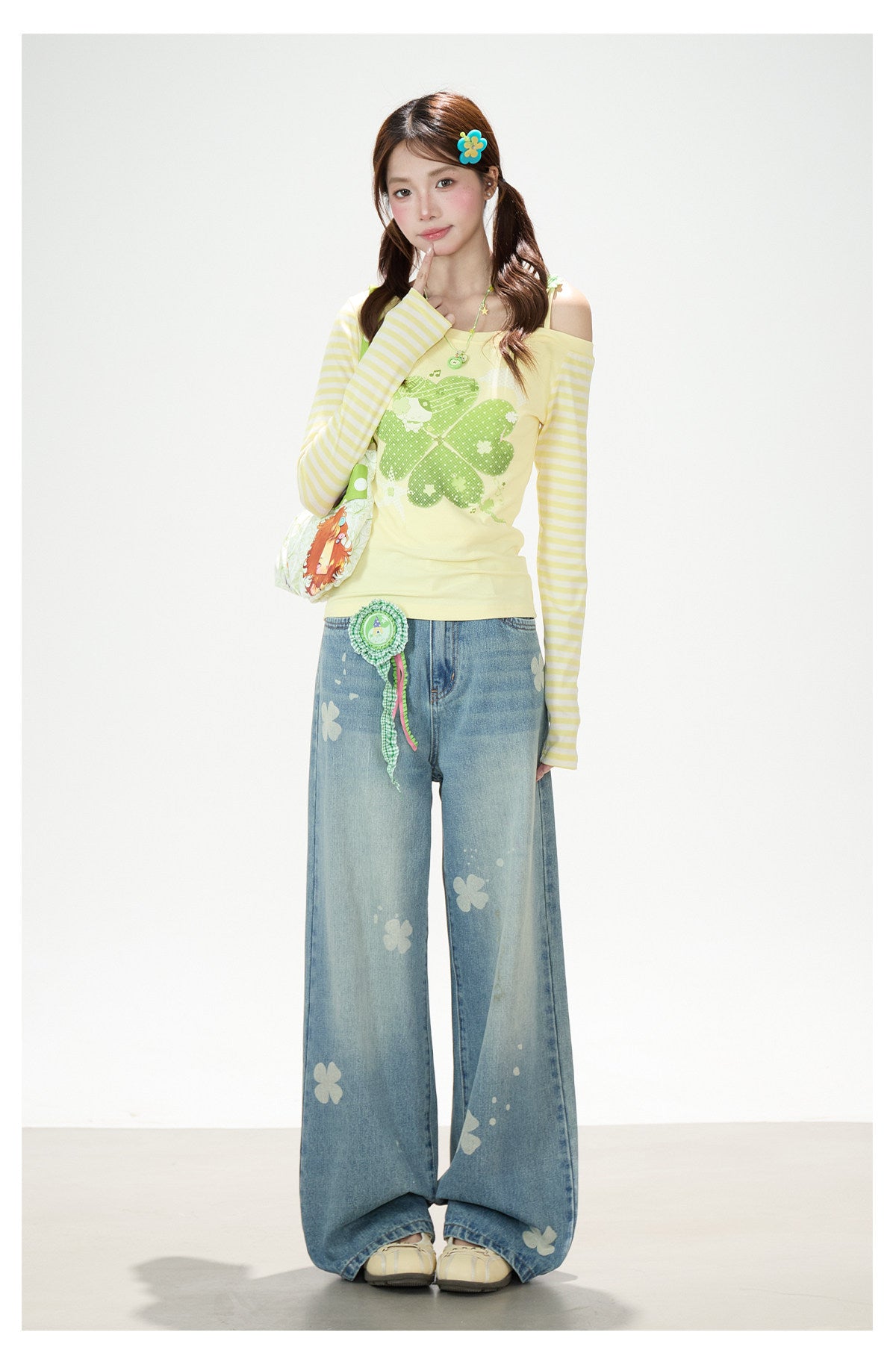 Clover Stripe Off-Shoulder Long Sleeve Top & Star Music Note Wide-Leg Jeans