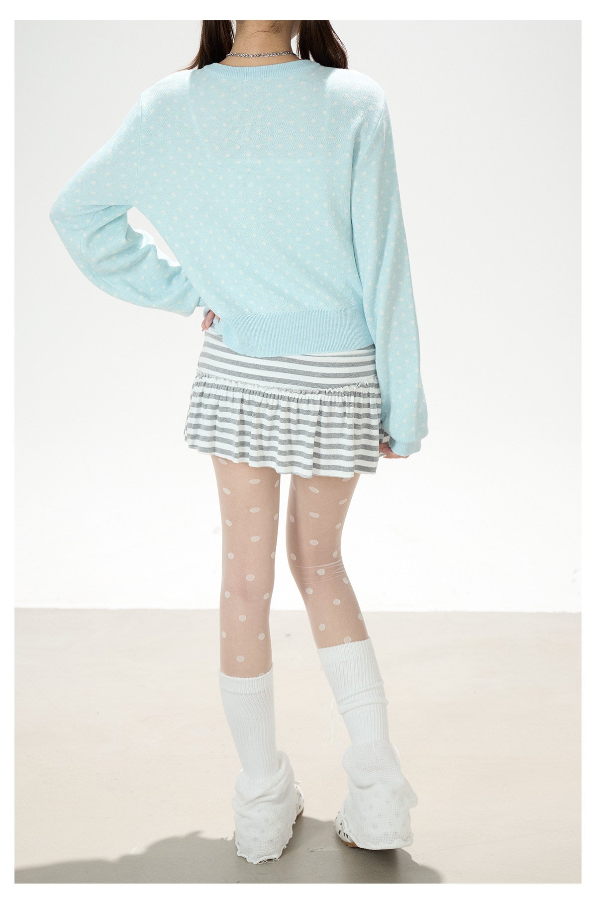 Polka-Dot Soft Knit Cardigan & Gray Mini Skirt