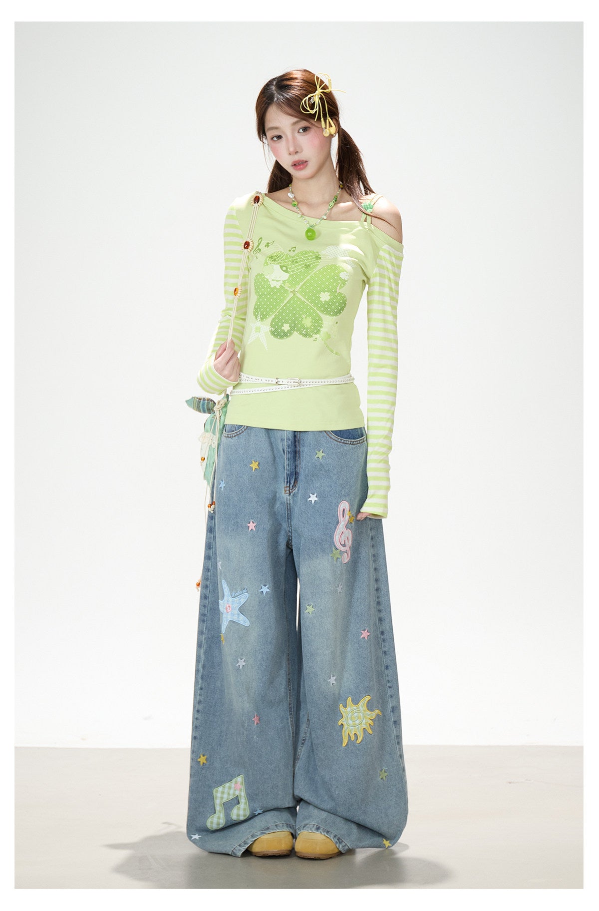 Clover Stripe Off-Shoulder Long Sleeve Top & Star Music Note Wide-Leg Jeans