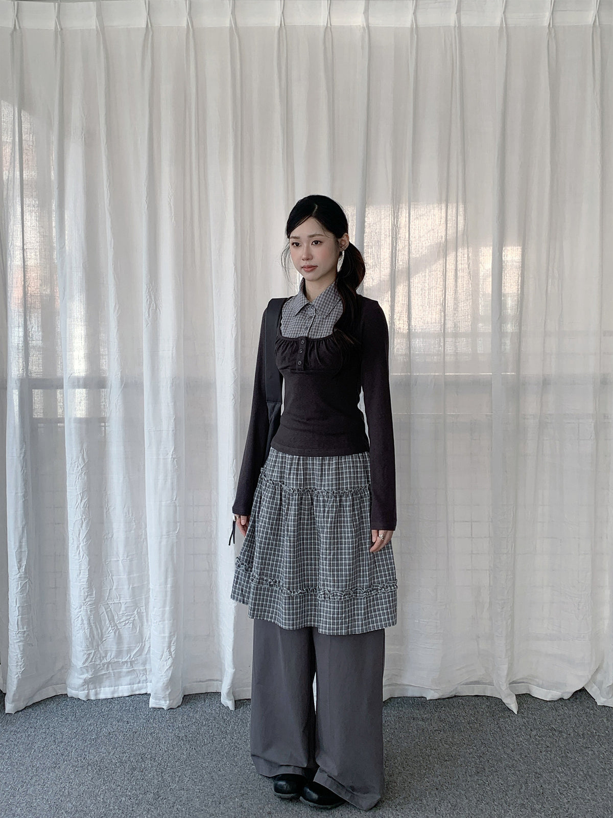 Plaid Layered Skirt Wide-Leg Pants