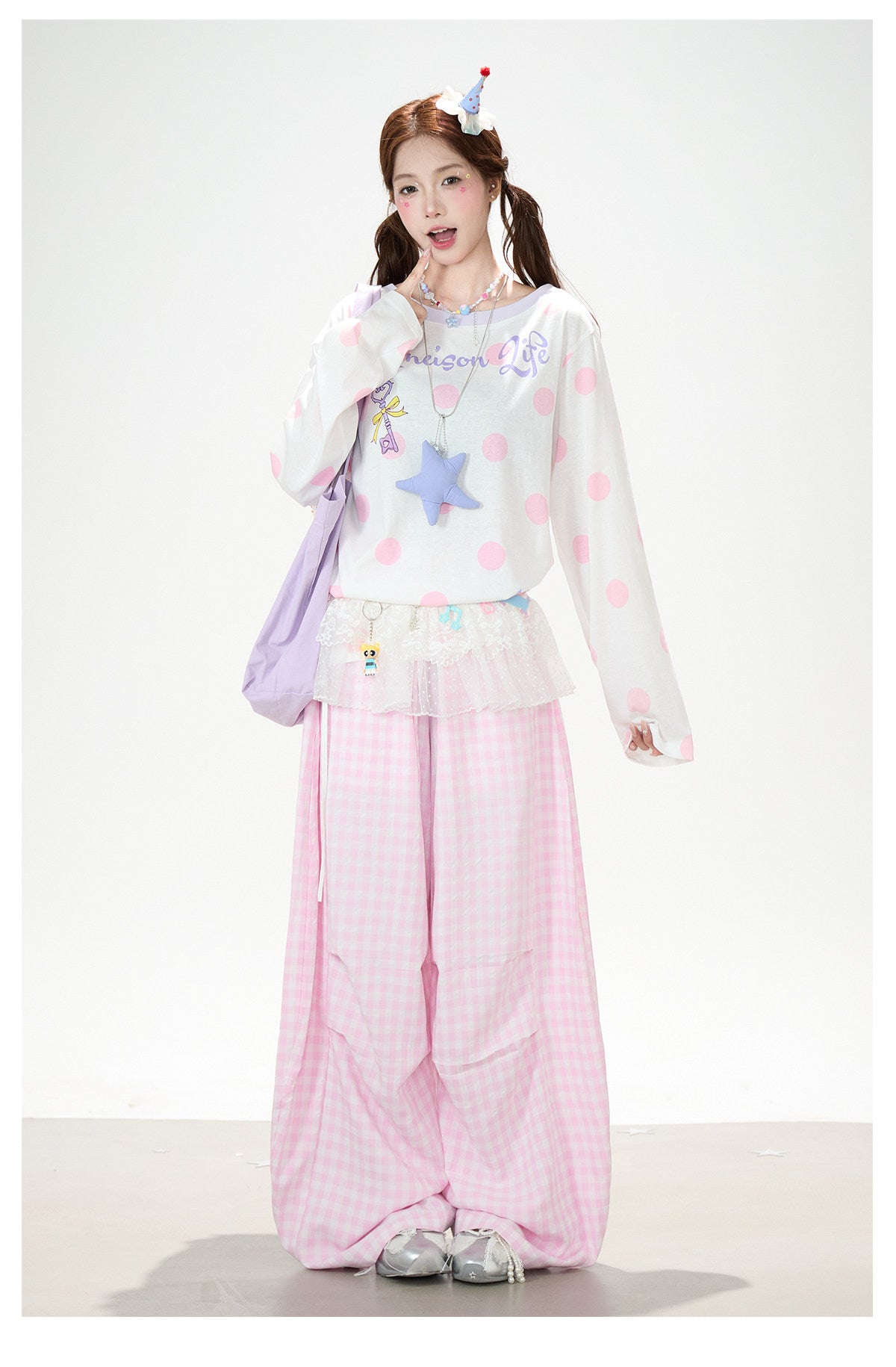 Gingham Oversized Wide-Leg Cargo Pants