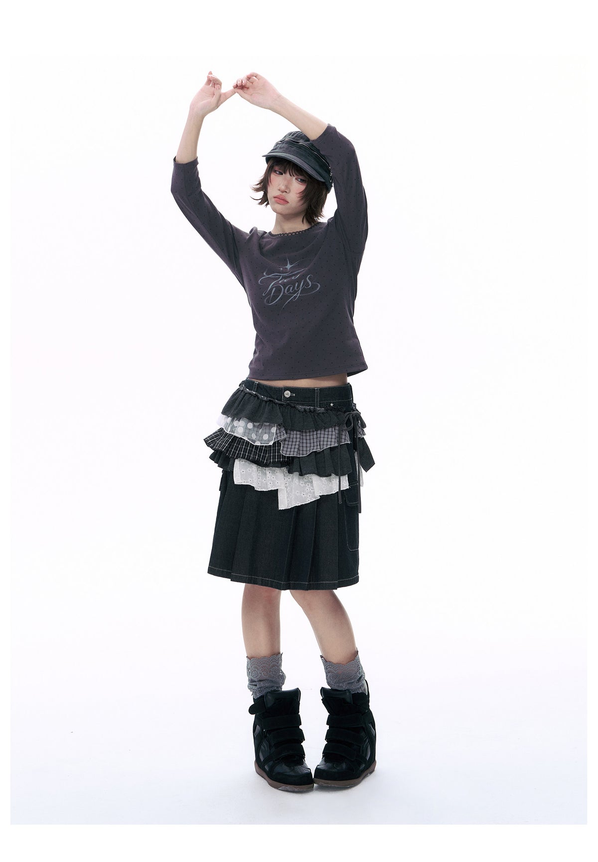 Embroidered Star Pleated Denim Midi Skirt