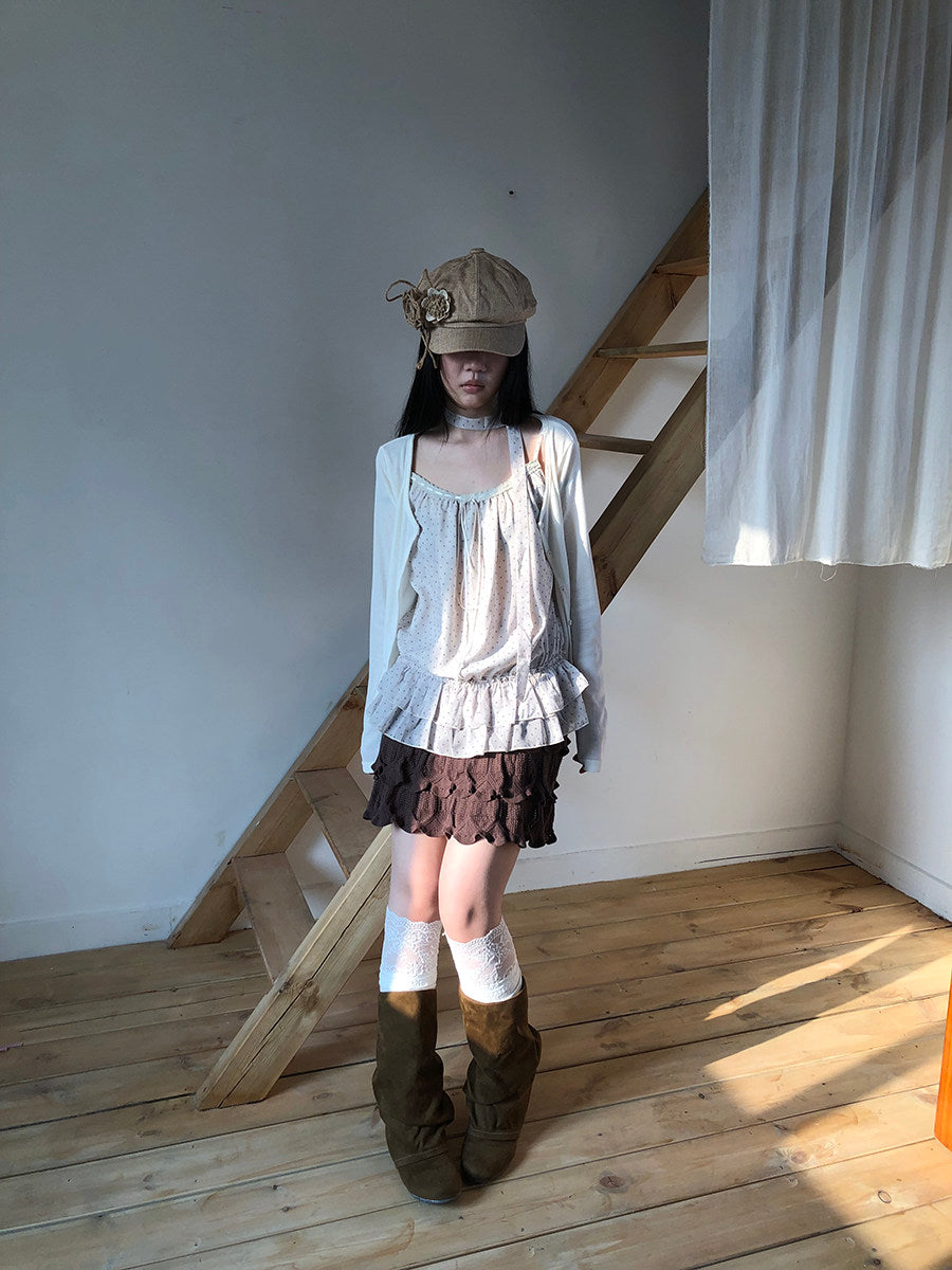 Polka Dot Ruffle Camisole & Cardigan Set with Scarf