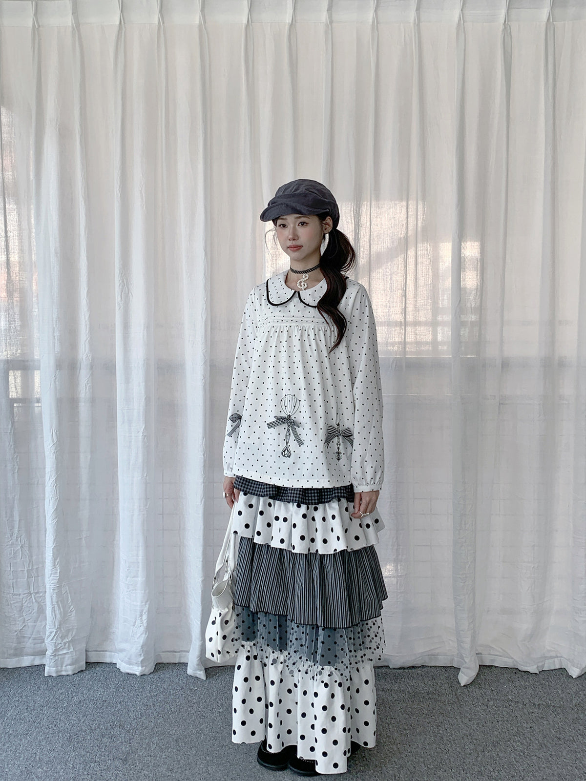 Mixed Polka Dot Plaid Tiered Maxi Skirt