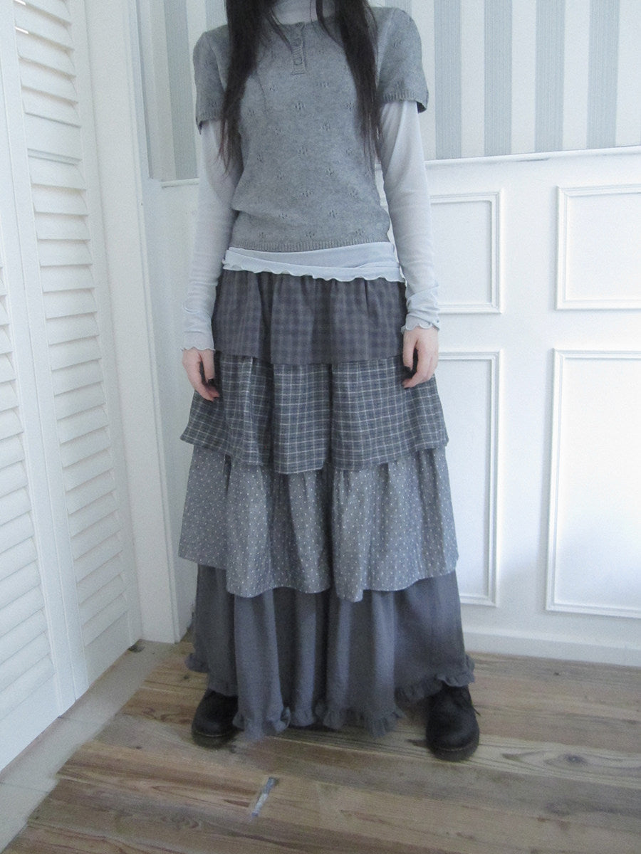 Layered Plaid & Polka Dot Tiered Maxi Skirt