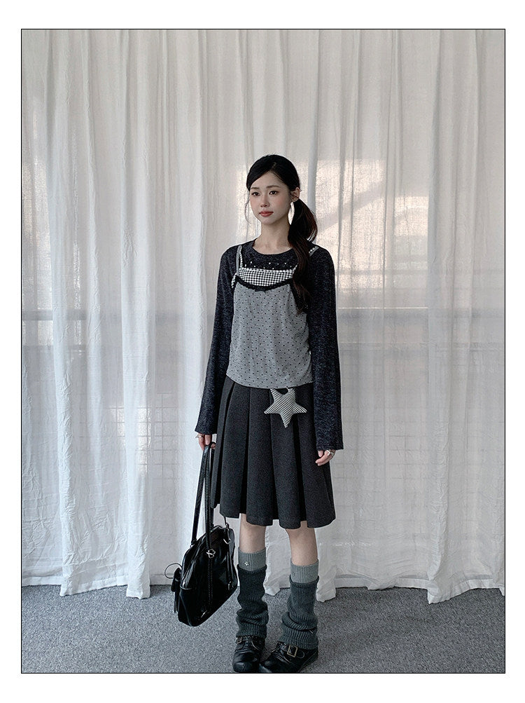Black Gray Layered Gingham Cami Long Sleeve Top
