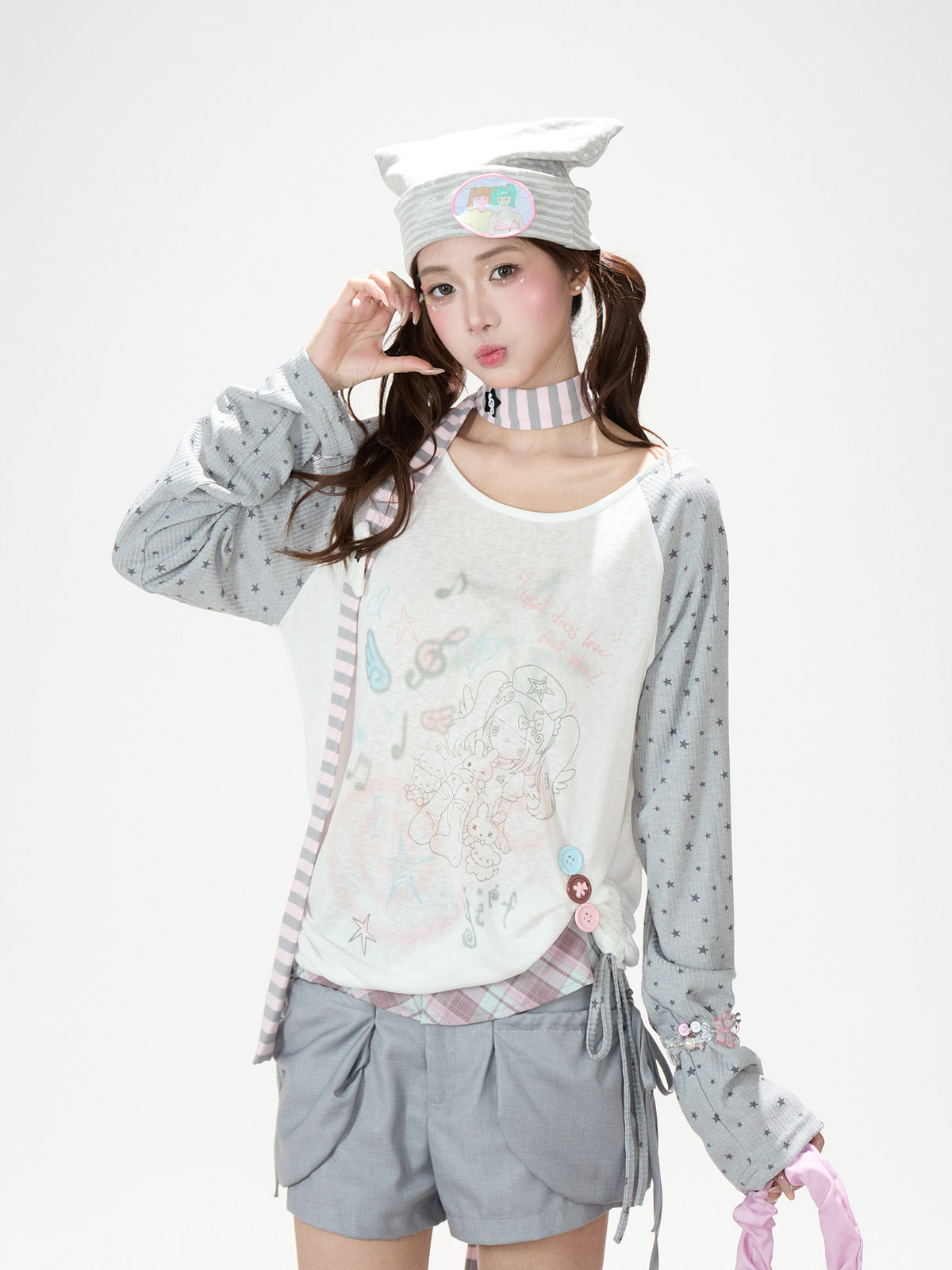 Dreamy Star Raglan Long Sleeve Top & Gray Music Note Layered Flare Pants