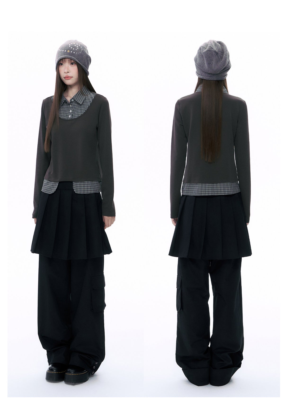 Pleated Skirt-Overlay Cargo Wide-Leg Pants