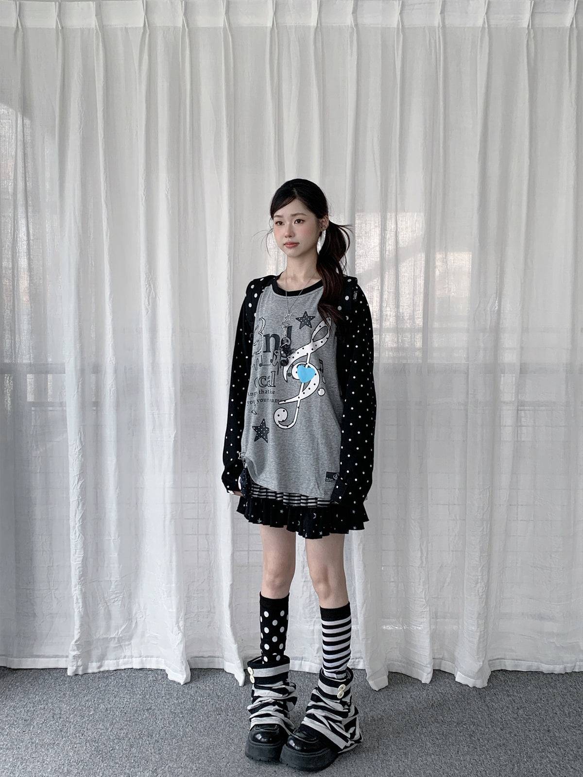 Music Note Polka Dot Layered Raglan Long Sleeve Top