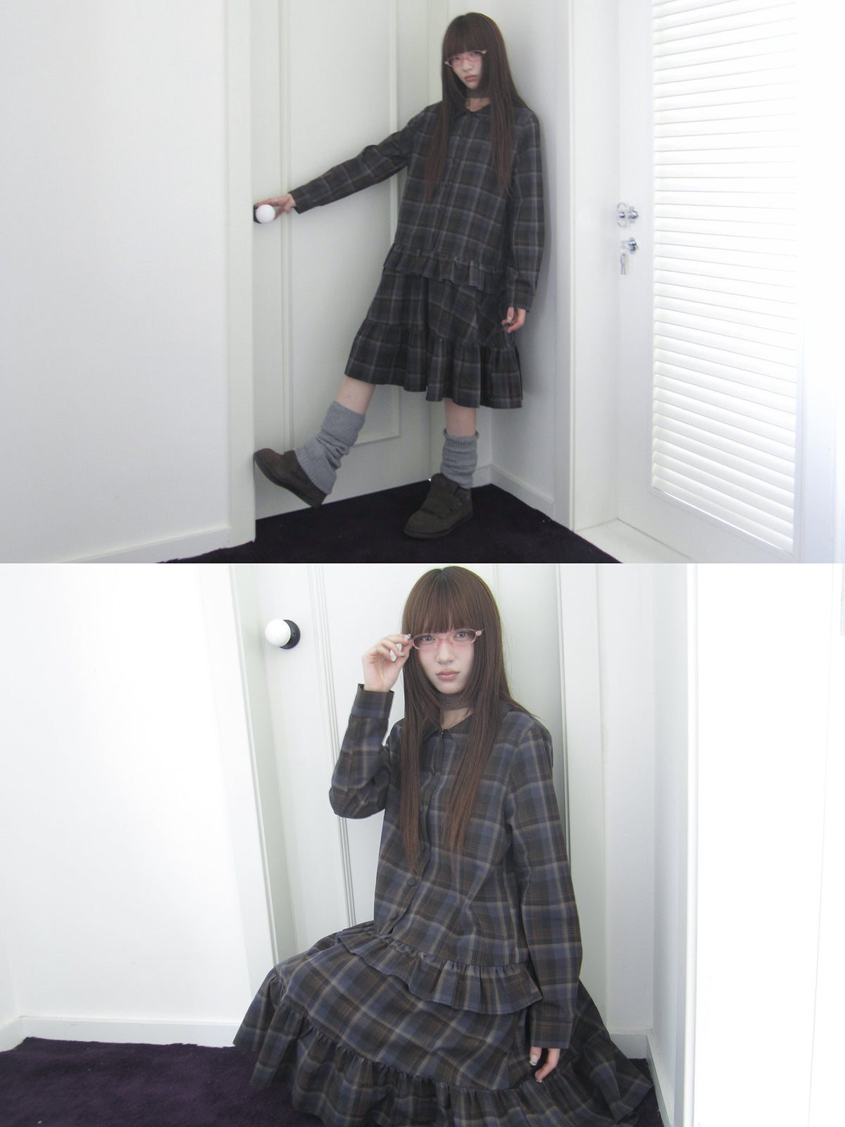 Plaid Ruffle-Hem Long Sleeve Shirt Dress