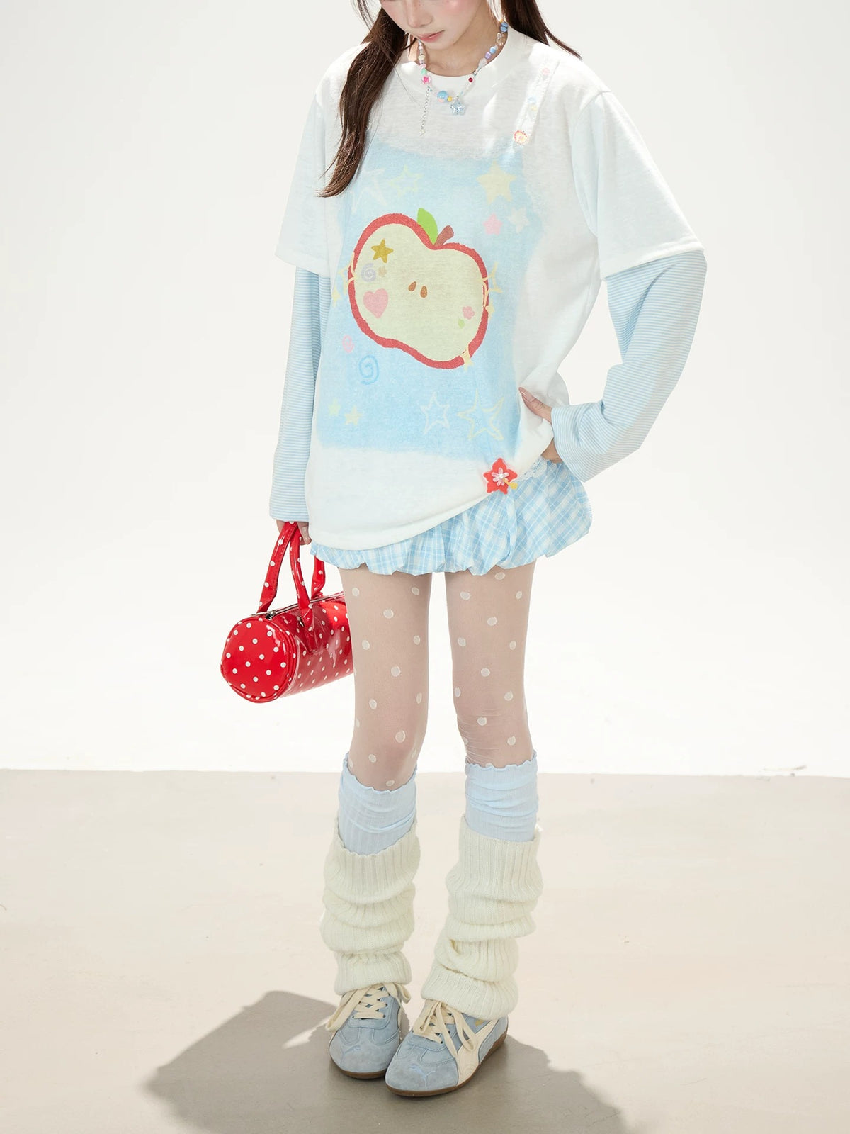Apple Doodle Layered Long Sleeve Tee & Light Blue Ruffle Mini Skirt