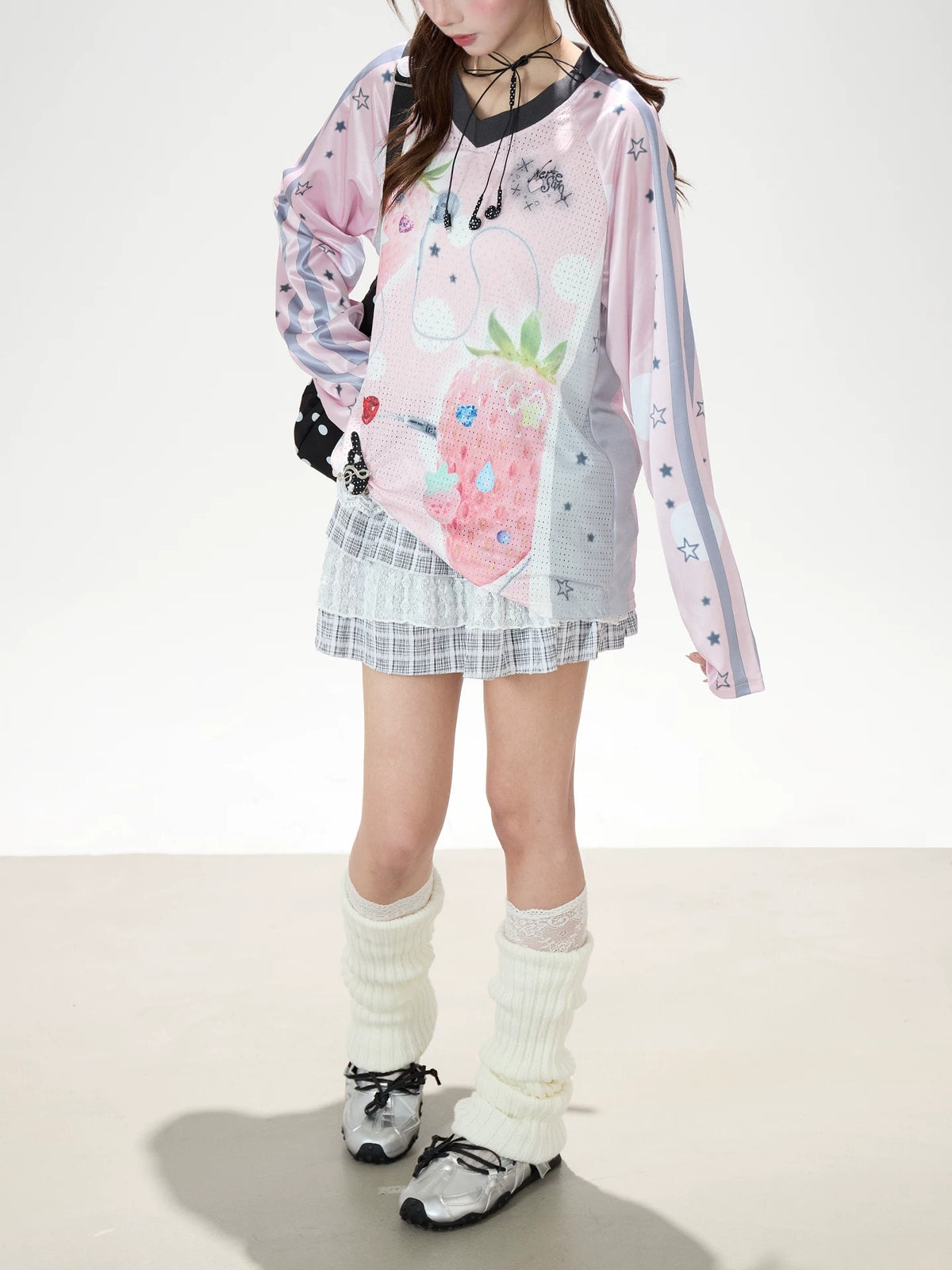 Strawberry Star Mesh V-Neck Long Sleeve Jersey Top