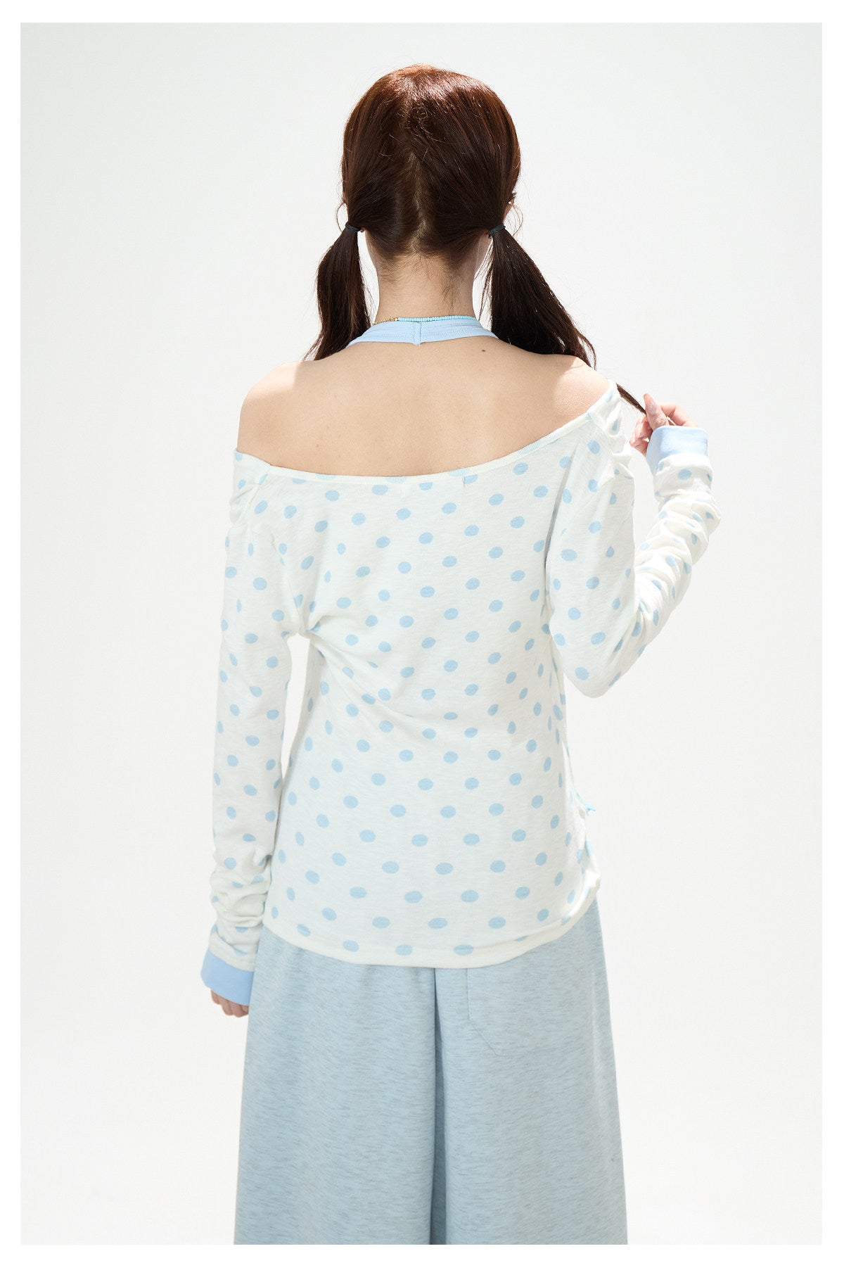 Polka-Dot Off-Shoulder Layered Long Sleeve Top & Blue Wide-Leg Pants