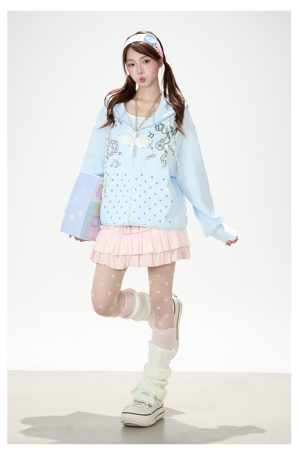 Hand-Drawn Polka-Dot Zip-Up Hoodie & Pink Ruffle Mini Skirt