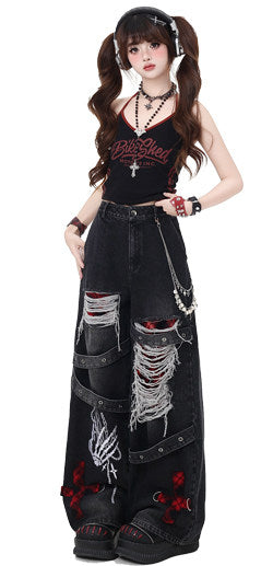 Skeleton Hand Distressed Strap Wide-Leg Jeans