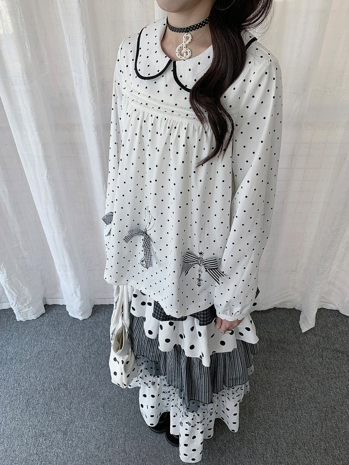 Polka Dot Bow Collar Top & Tiered Maxi Skirt