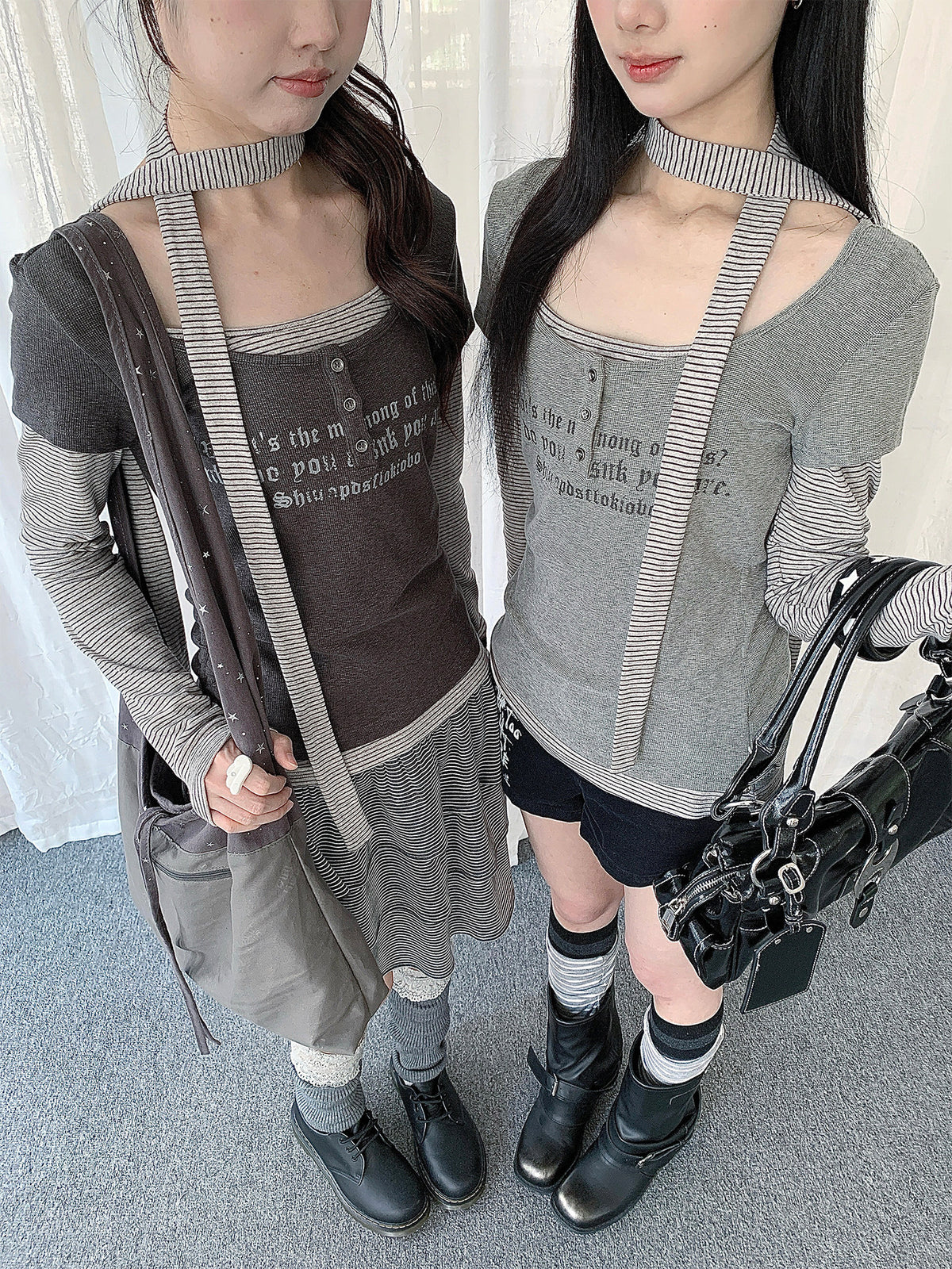 Graphic Layered Henley Long Sleeve Top with Neck Tie