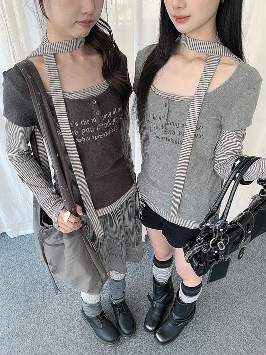 Graphic Layered Henley Long Sleeve Top with Neck Tie