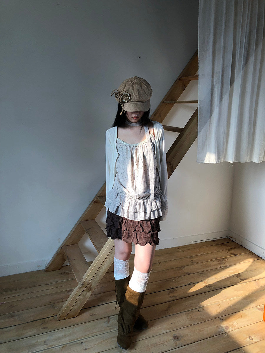 Polka Dot Ruffle Camisole & Cardigan Set with Scarf