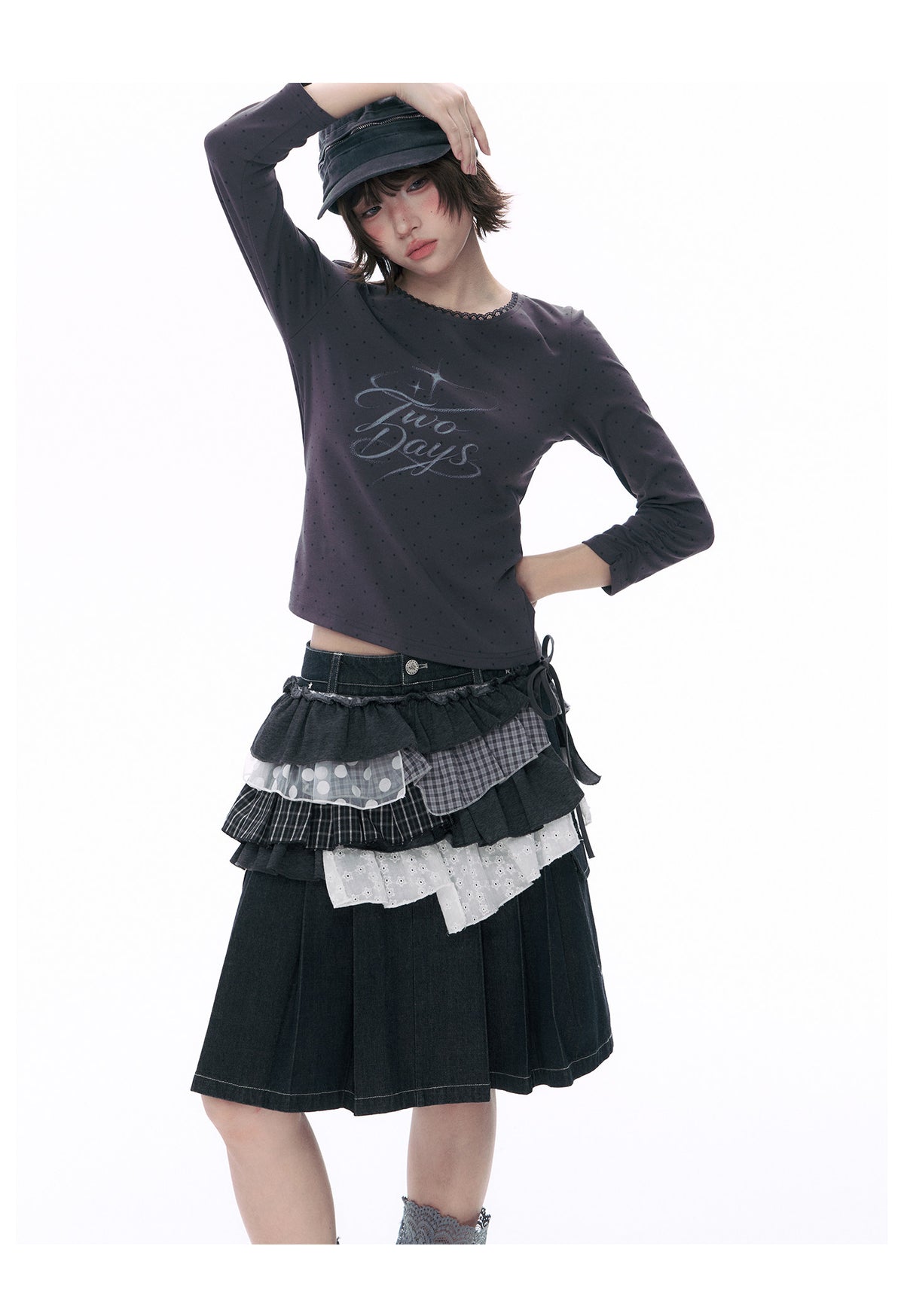 Embroidered Star Pleated Denim Midi Skirt