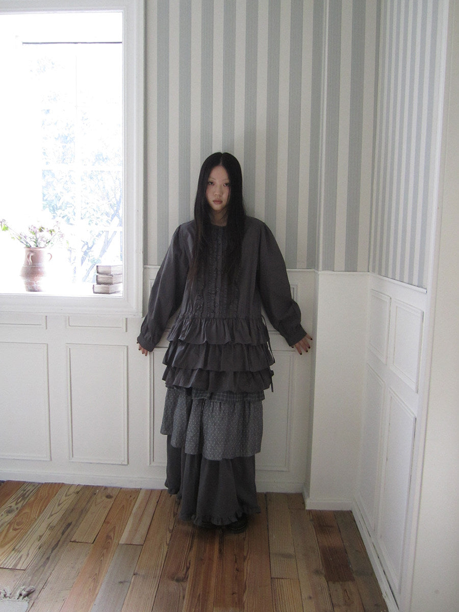 Ruffle-Trim Button Tiered Long Sleeve Tunic Top
