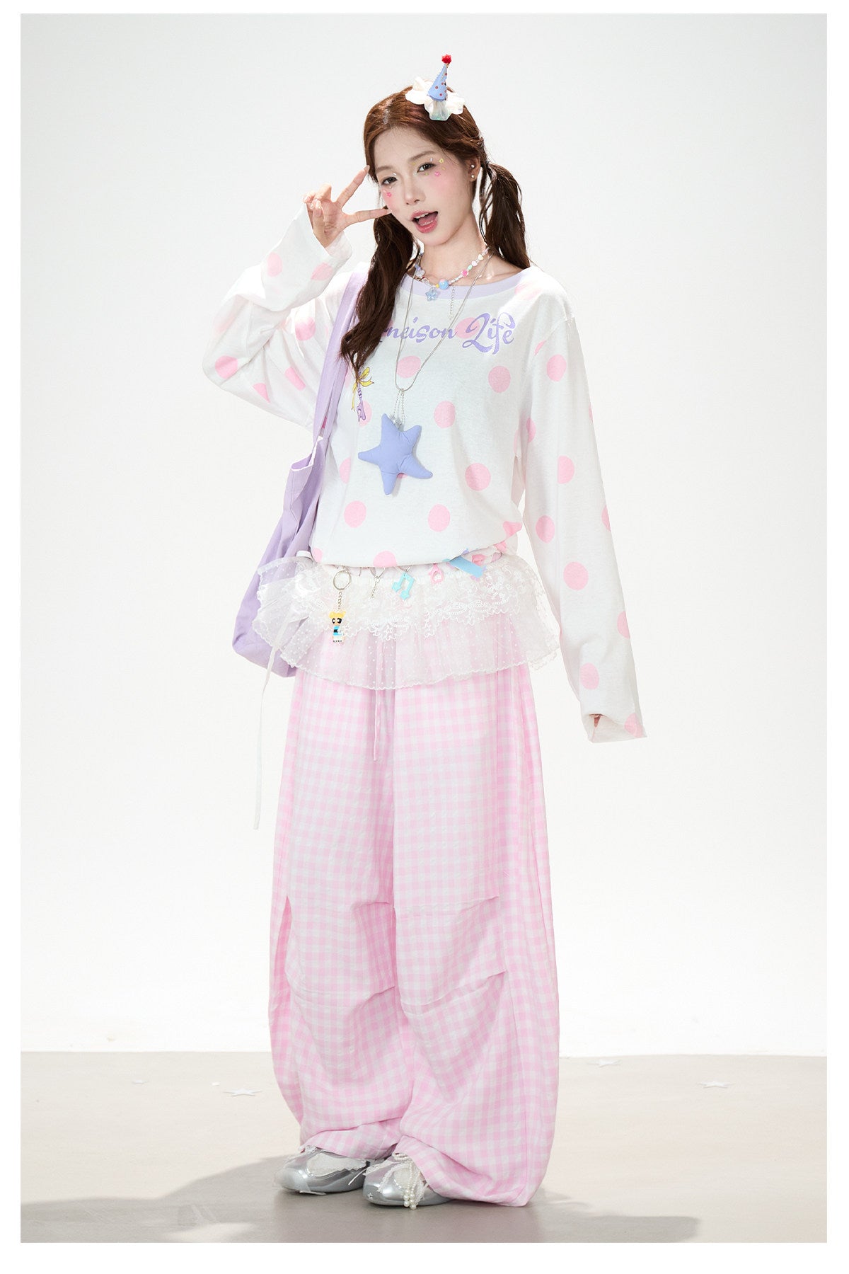 Gingham Oversized Wide-Leg Cargo Pants