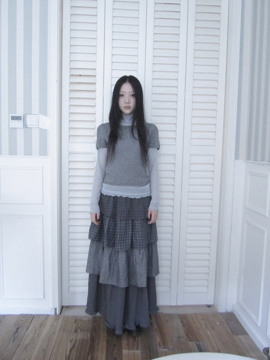 Layered Plaid & Polka Dot Tiered Maxi Skirt
