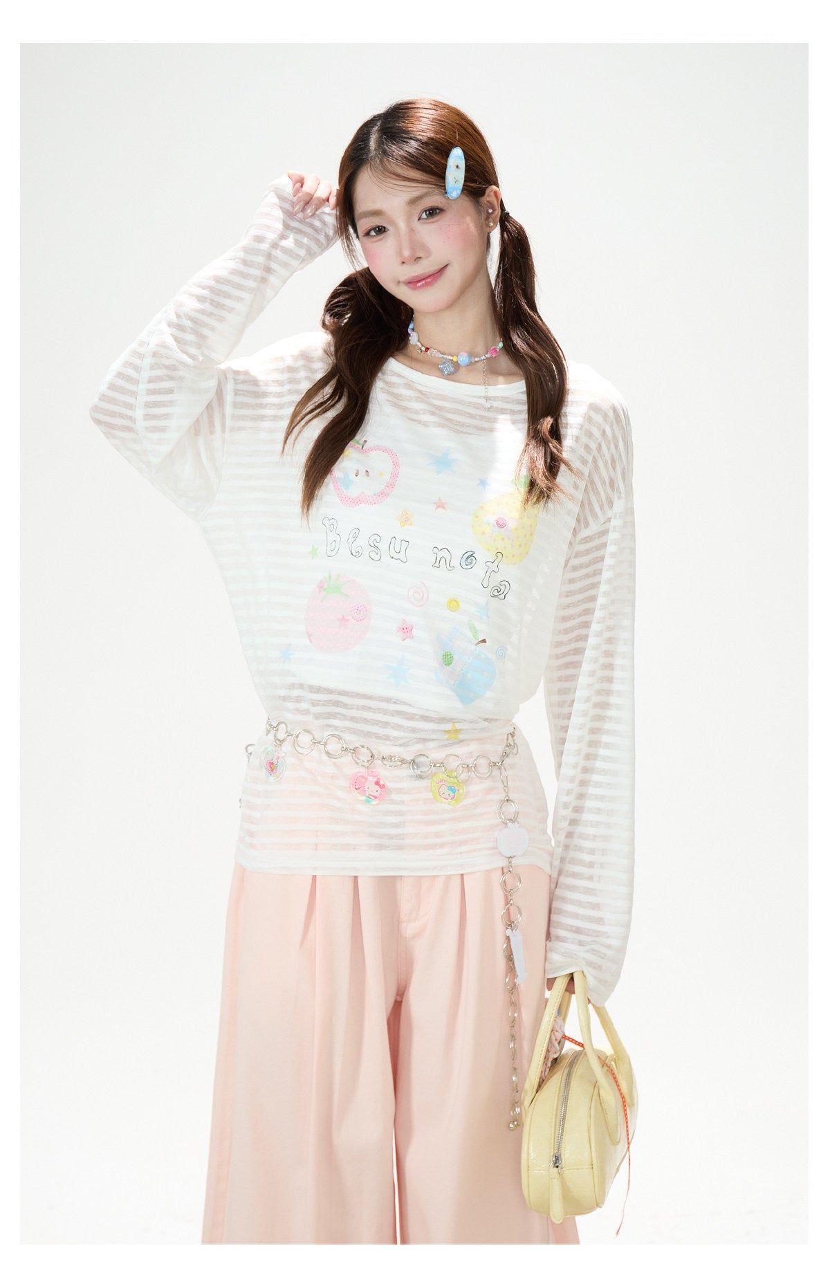 Playful Stripe Graphic Sheer Long Sleeve Top & Pink Wide-Leg Pants