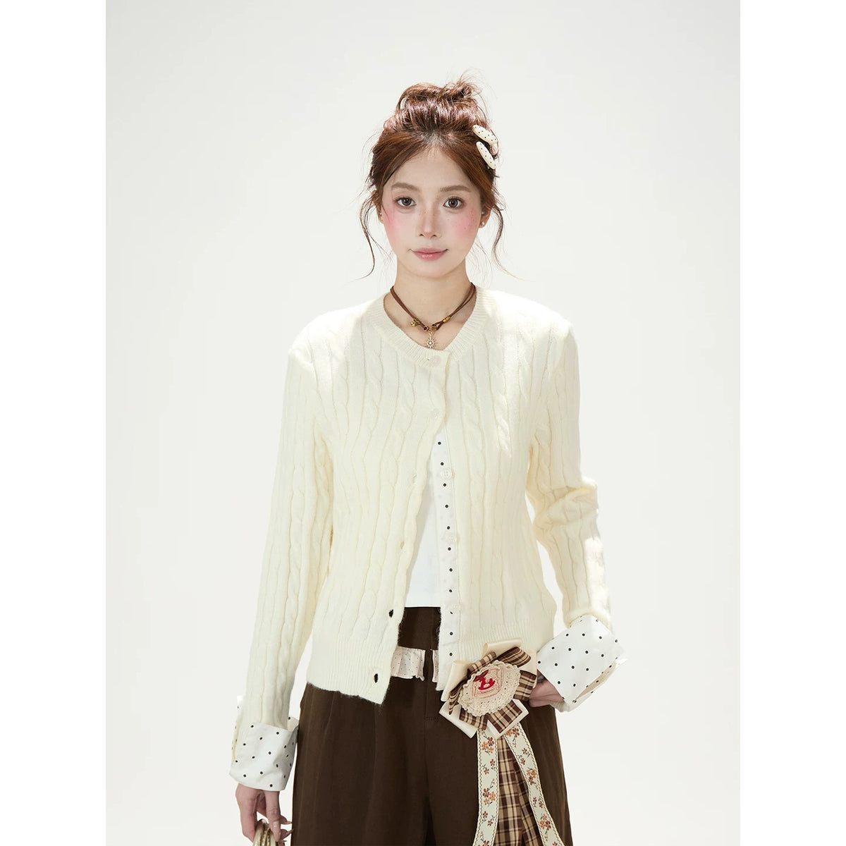 Polka-Dot Bow Knit Cardigan & Black Pinstripe Wide-Leg Pants