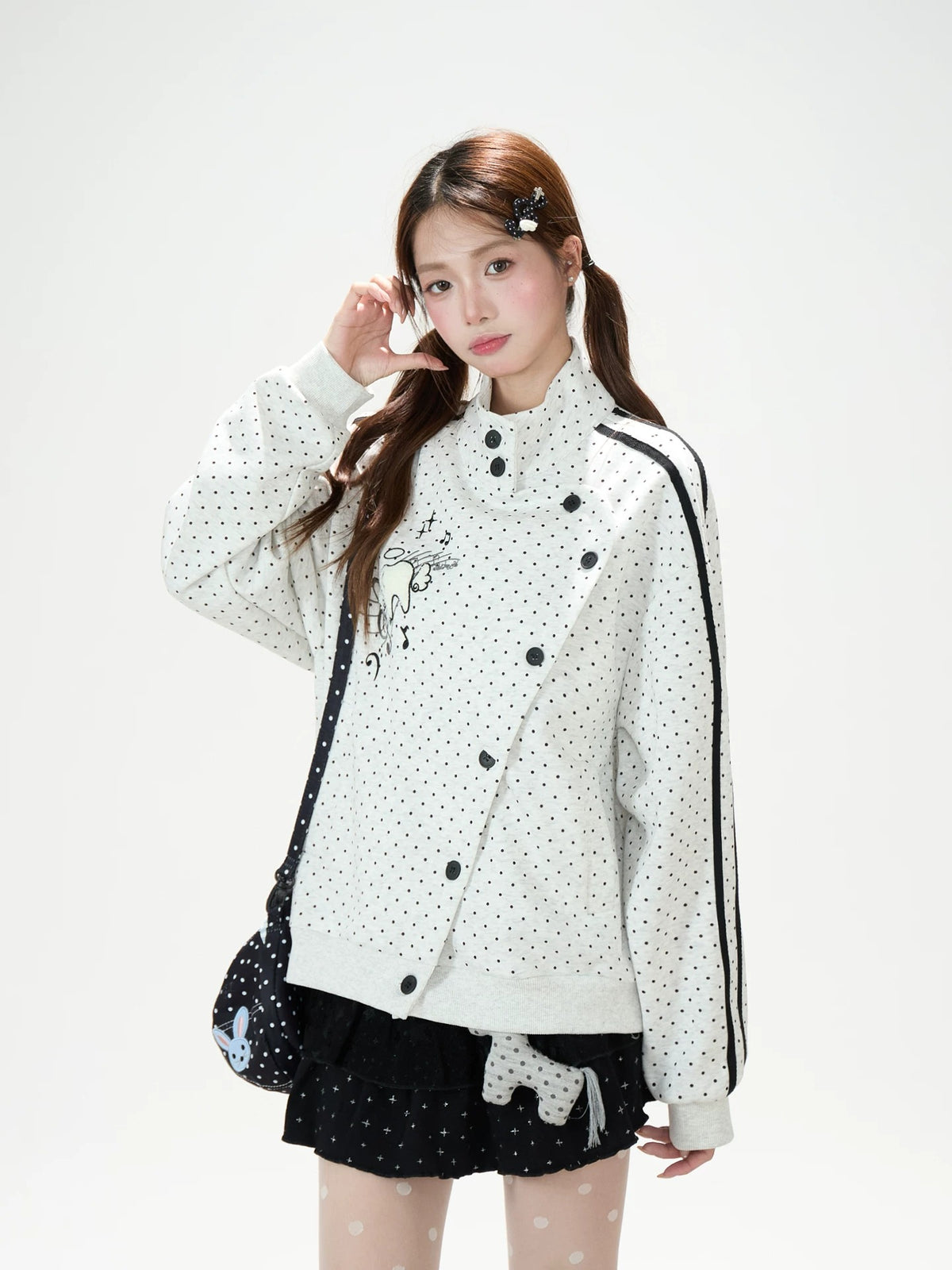 Polka-Dot Stripe Asymmetric Button Jacket & Star Print Shorts