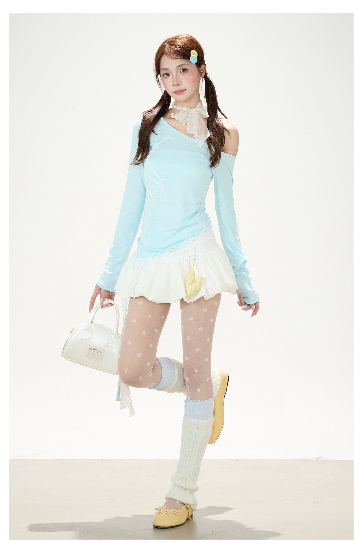 Ballet Ribbon Off-Shoulder Long Sleeve Top & White Ruffle Mini Skirt