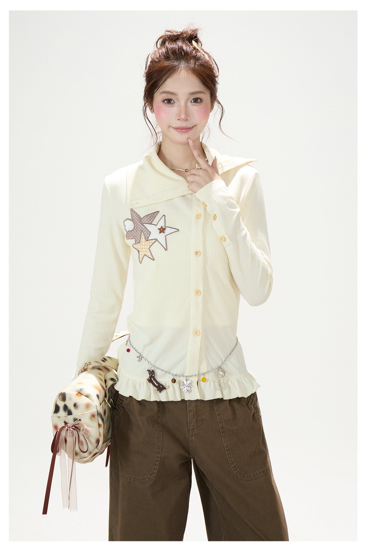 Star Patch Ruffle-Hem Collared Cardigan & Brown Plaid-Cuff Wide-Leg Pants