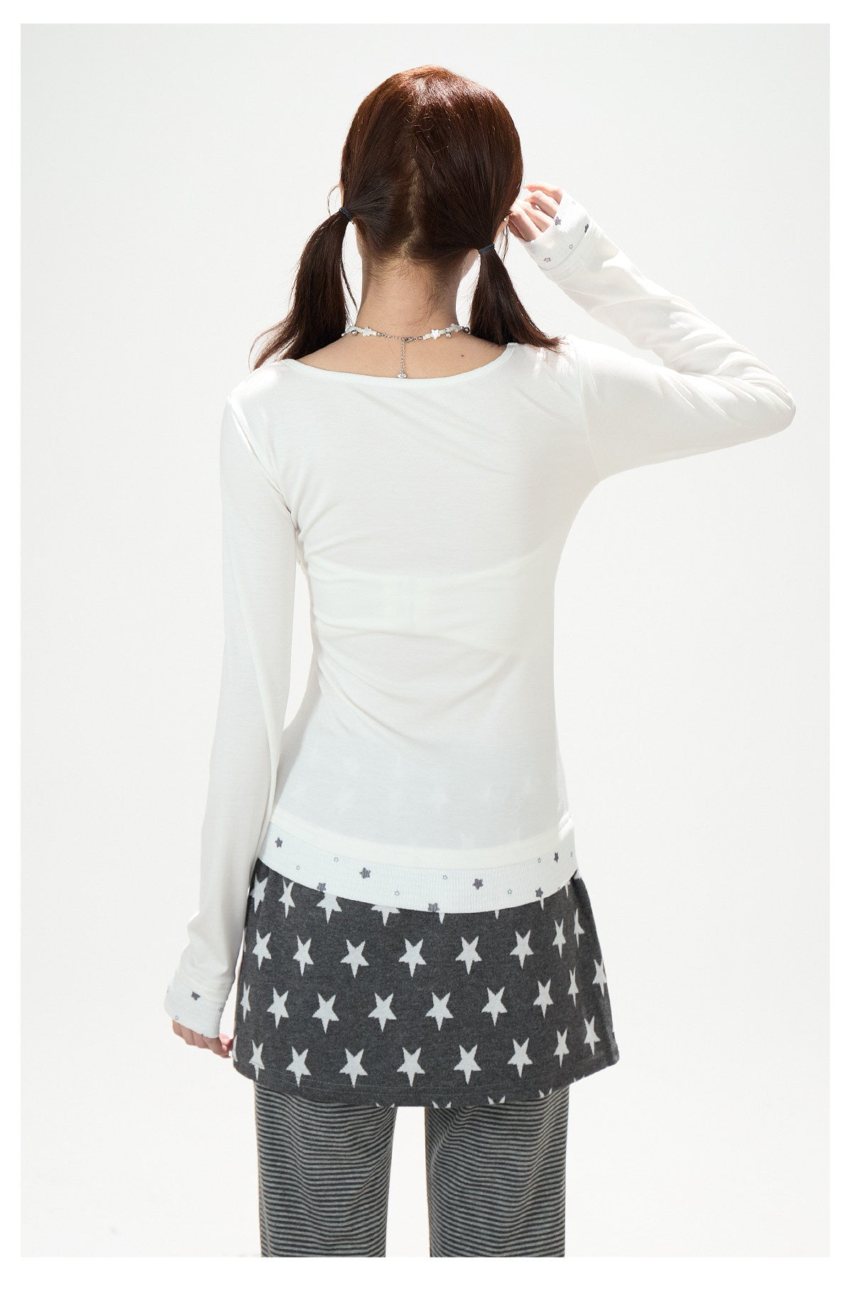 Star Bow-Tie Long Sleeve Top & Star Skirt-Layer Stripe Flared Pants