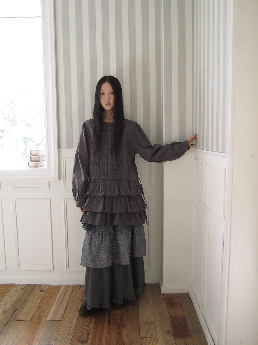Ruffle-Trim Button Tiered Long Sleeve Tunic Top