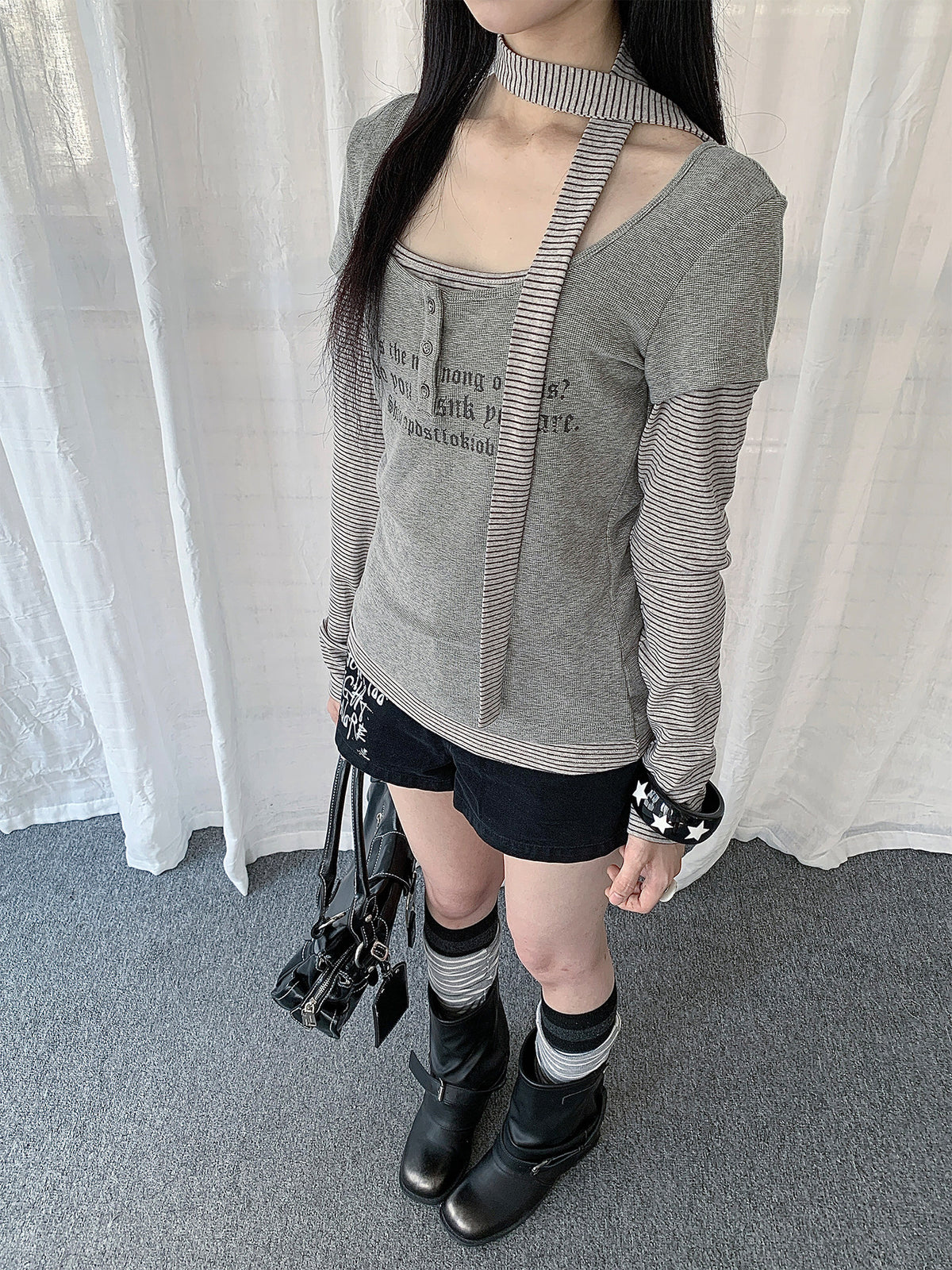 Graphic Layered Henley Long Sleeve Top with Neck Tie