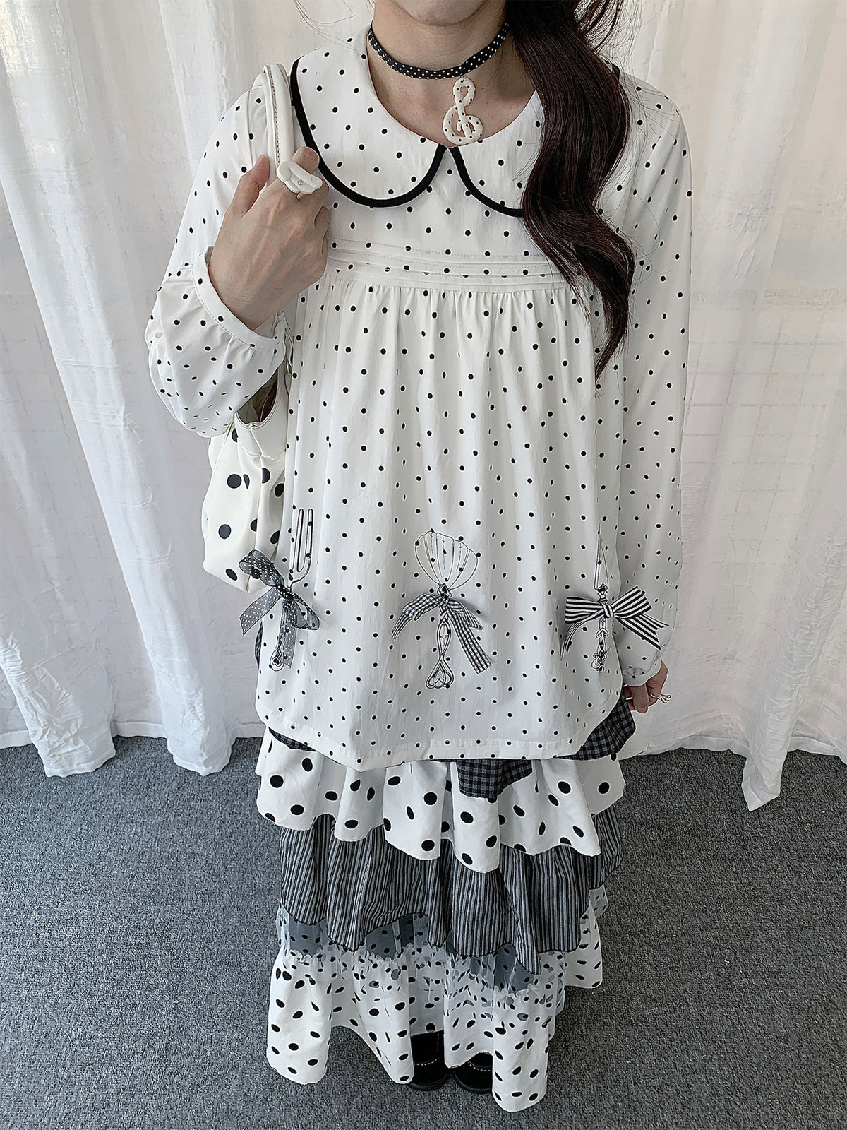 Polka Dot Bow Collar Top & Tiered Maxi Skirt