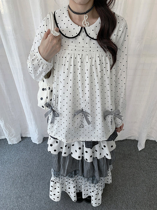 Polka Dot Bow Collar Top & Tiered Maxi Skirt