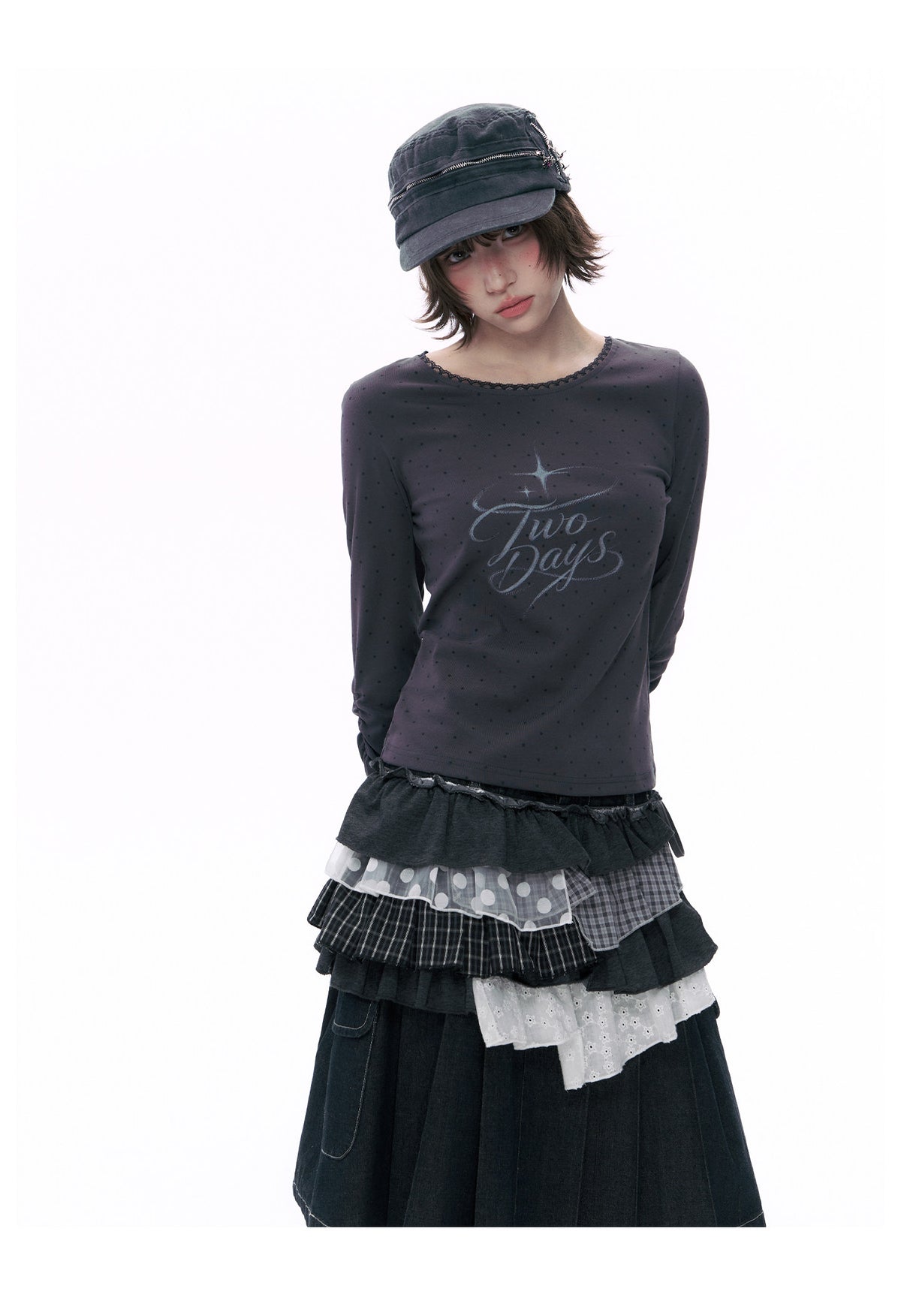 Embroidered Star Pleated Denim Midi Skirt