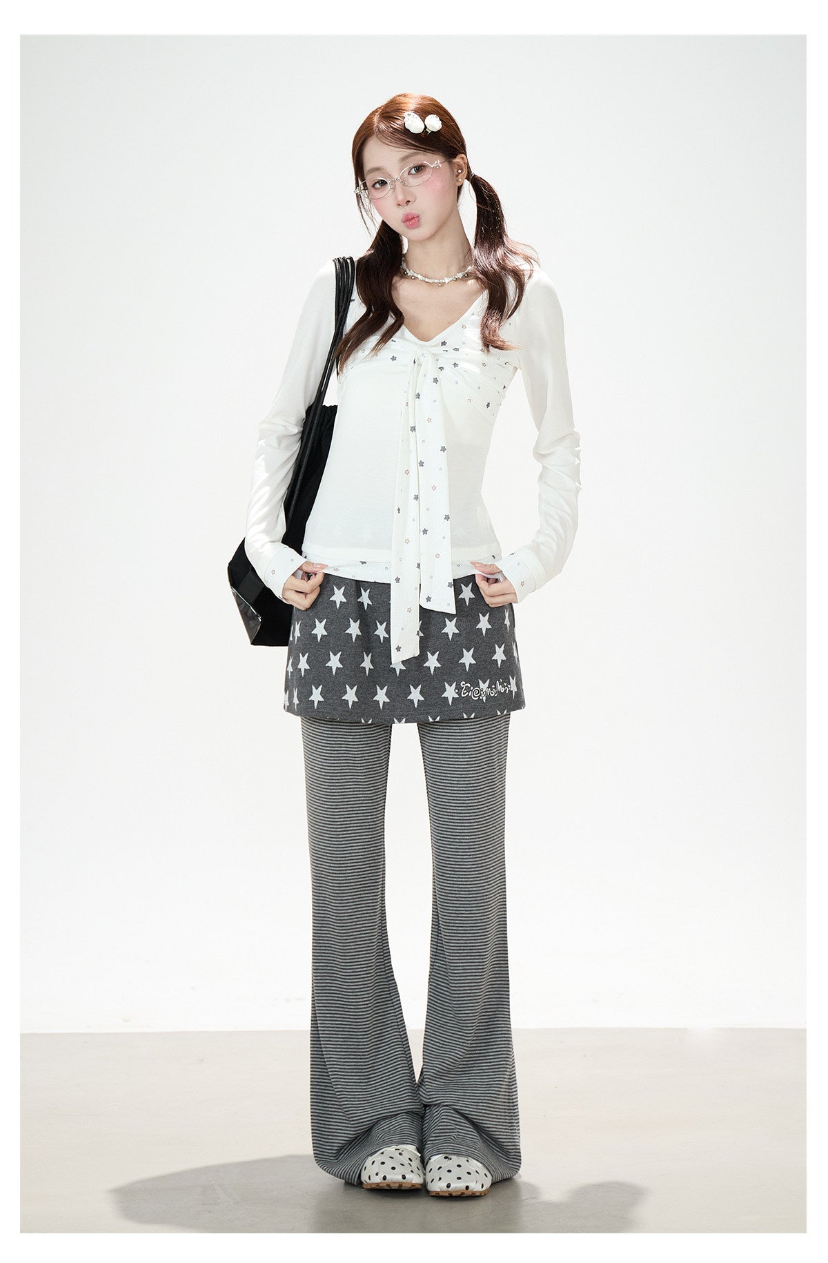 Star Bow-Tie Long Sleeve Top & Star Skirt-Layer Stripe Flared Pants