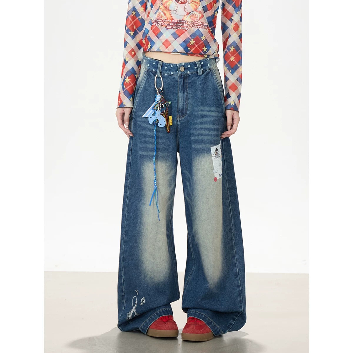 Cartoon Patch Washed Wide-Leg Jeans