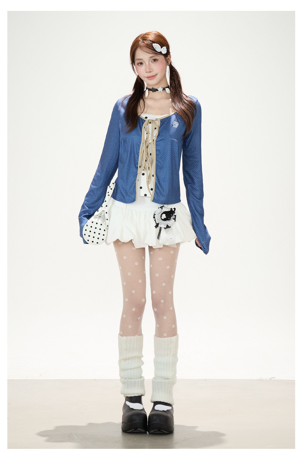 Polka-Dot Tie-Front Layered Long Sleeve Top & Pinstripe Button Wide-Leg Pants