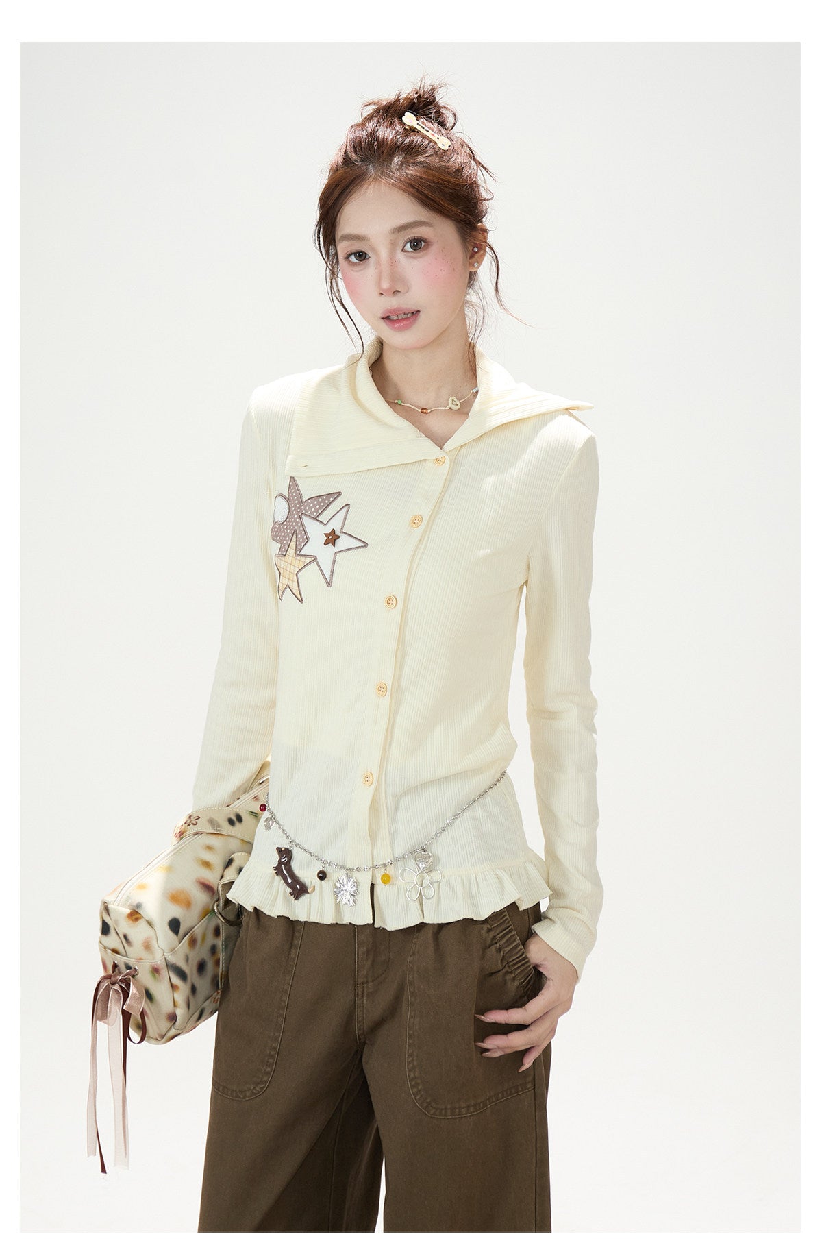 Star Patch Ruffle-Hem Collared Cardigan & Brown Plaid-Cuff Wide-Leg Pants